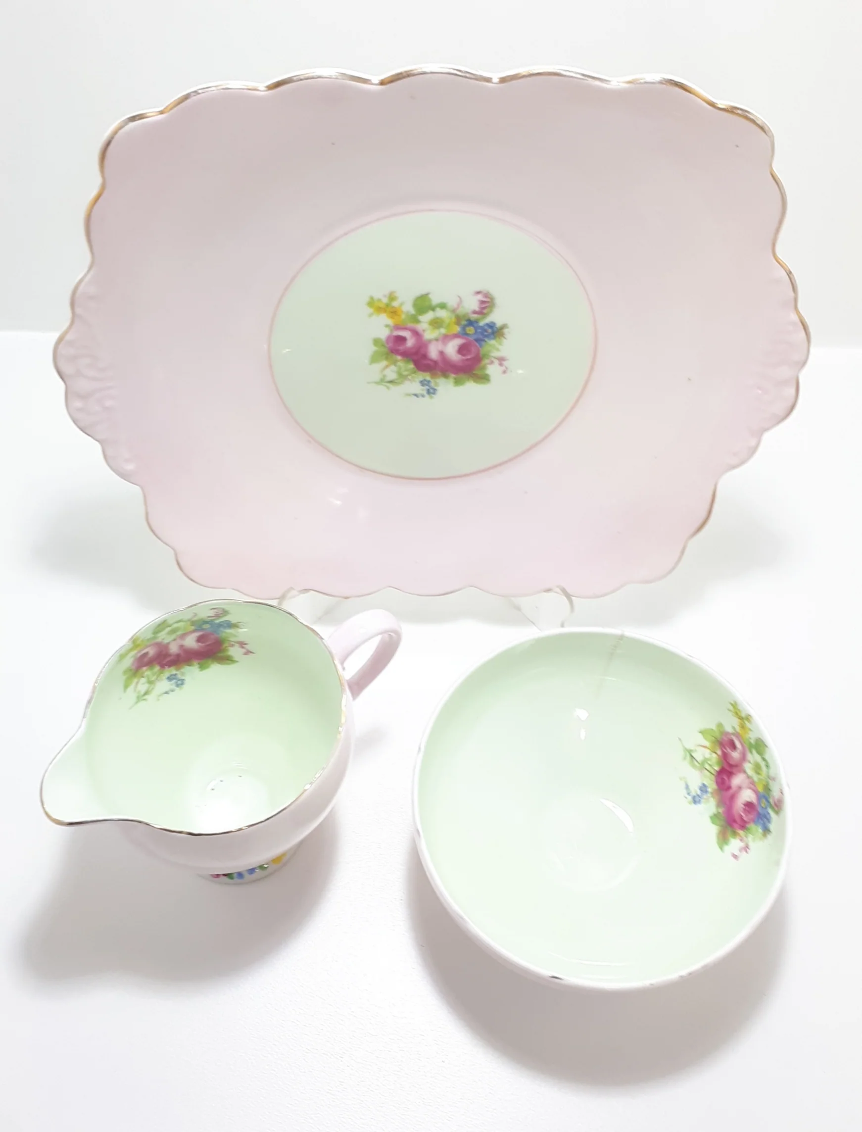 1930’s Foley Bone China Biscuit Plate, Creamer & Open Sugar Bowl - Image 2