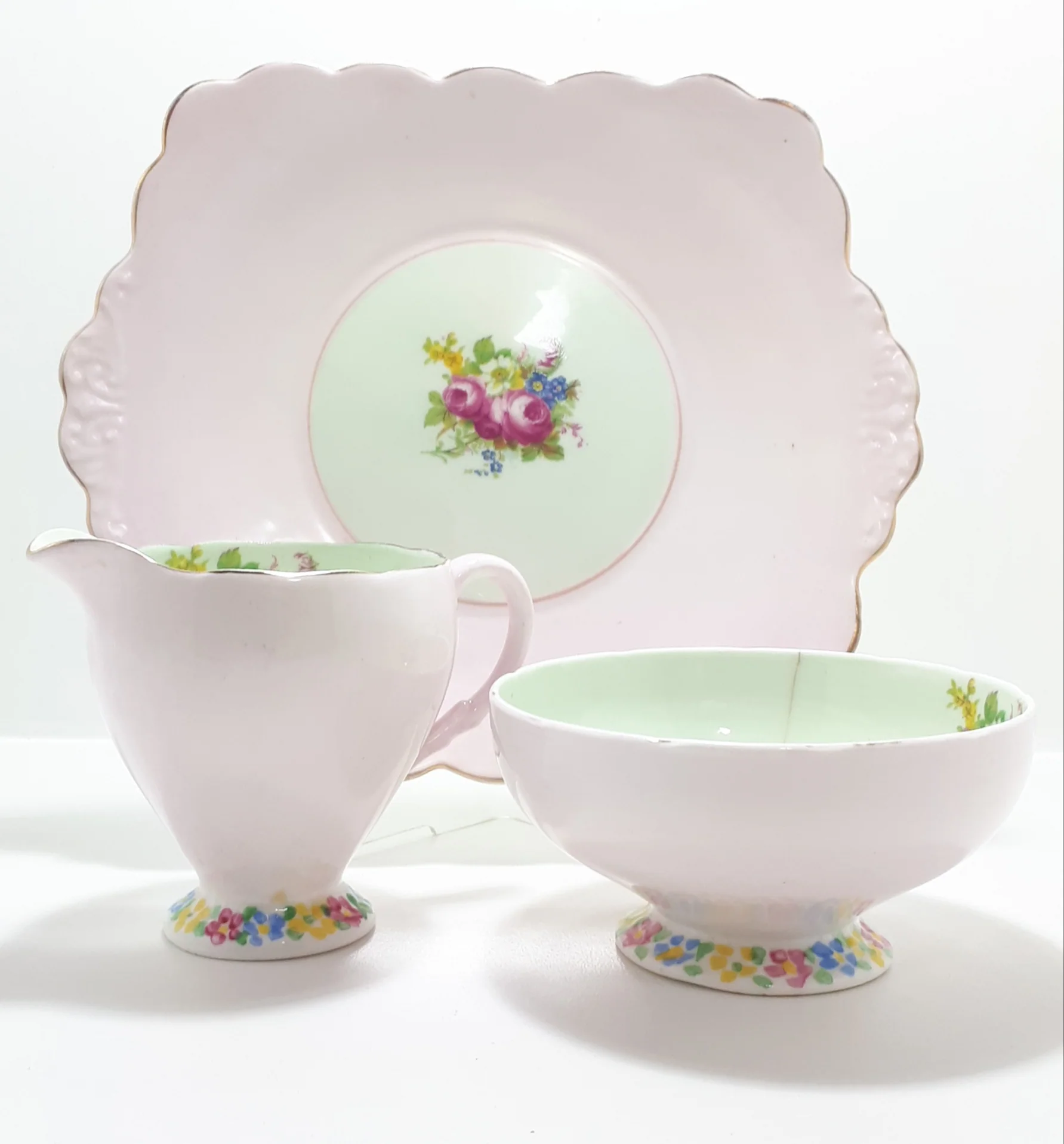 1930’s Foley Bone China Biscuit Plate, Creamer & Open Sugar Bowl - Image 5
