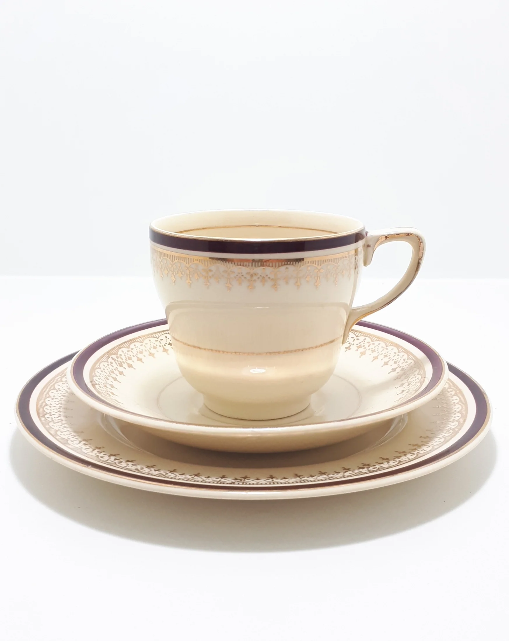 1930โs Vintage Johnson Bros Victorian Range Porcelain Tea Trio - Burgandy & Gold Gilt
