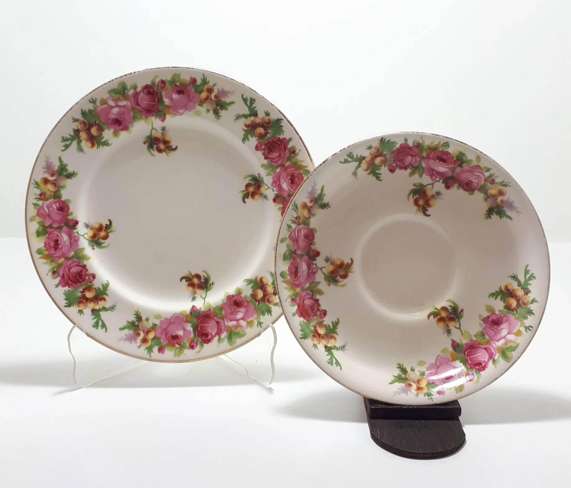 1936 Vintage Fine Porcelain Royal Doulton "Roses & Wattle" Tea Plate & Saucer - D5643 - Image 3