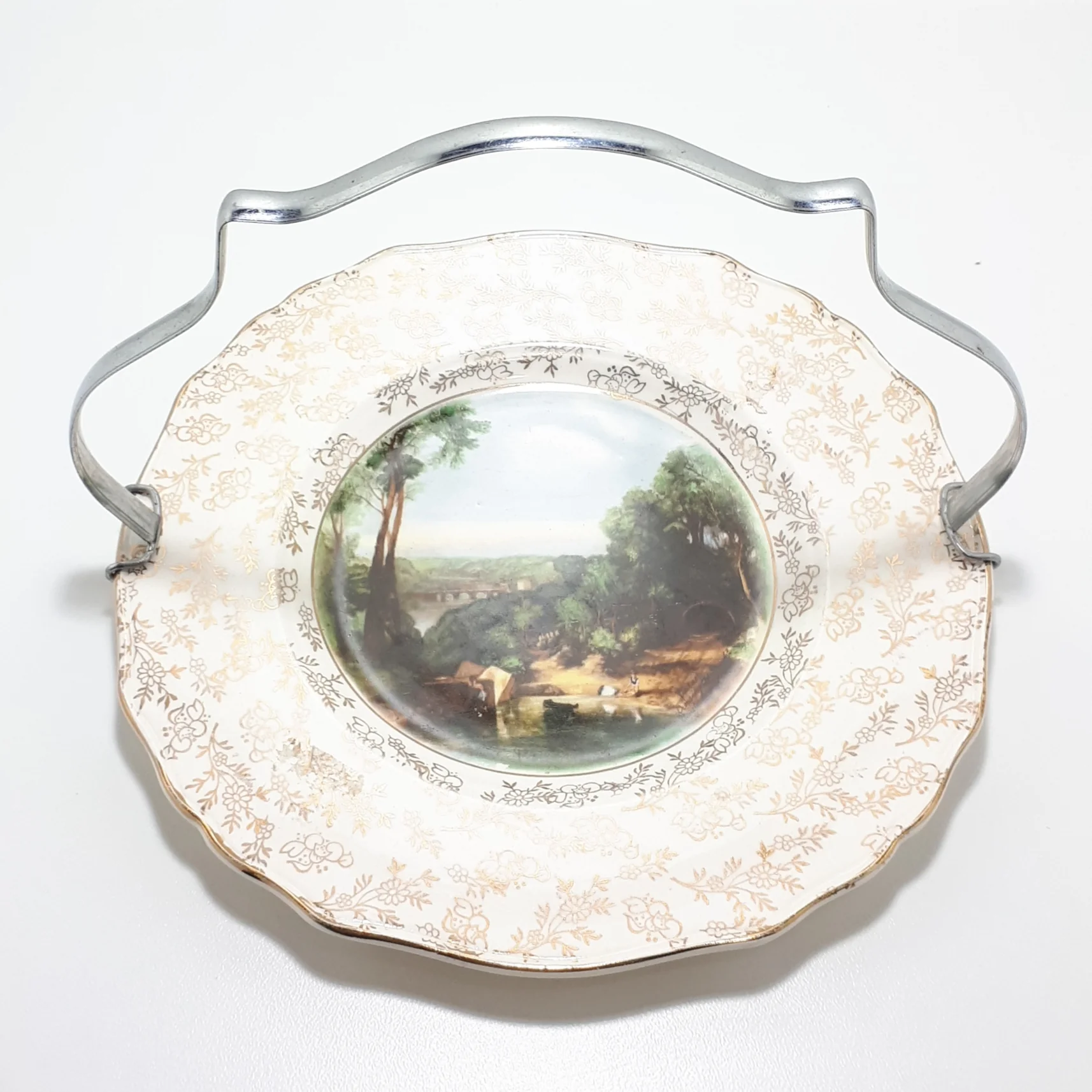 1940’s James Kent Ltd., Longton, Fine Porcelain “Crossing The Brook by Turner” Biscuit Plate With Removable Handle