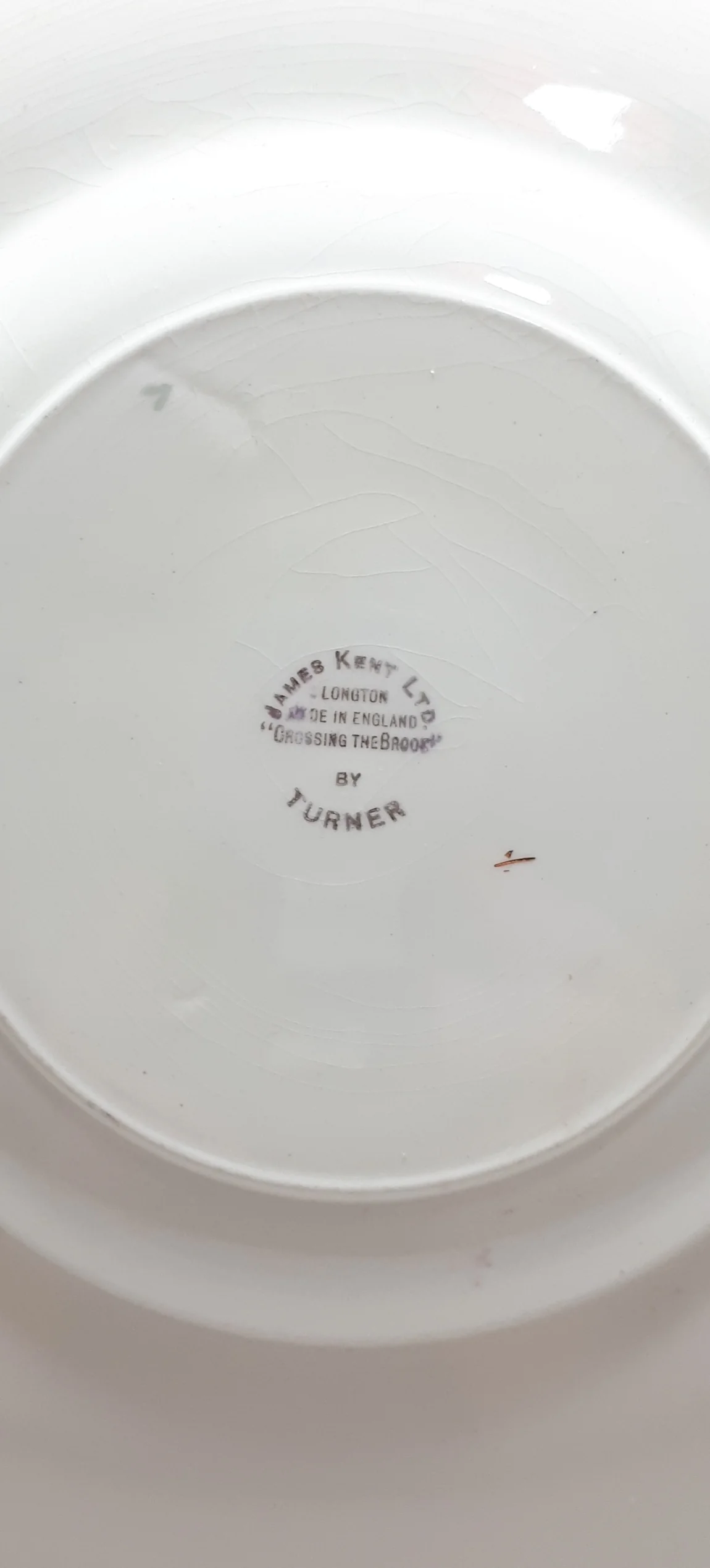 1940’s James Kent Ltd., Longton, Fine Porcelain “Crossing The Brook by Turner” Biscuit Plate With Removable Handle - Image 5