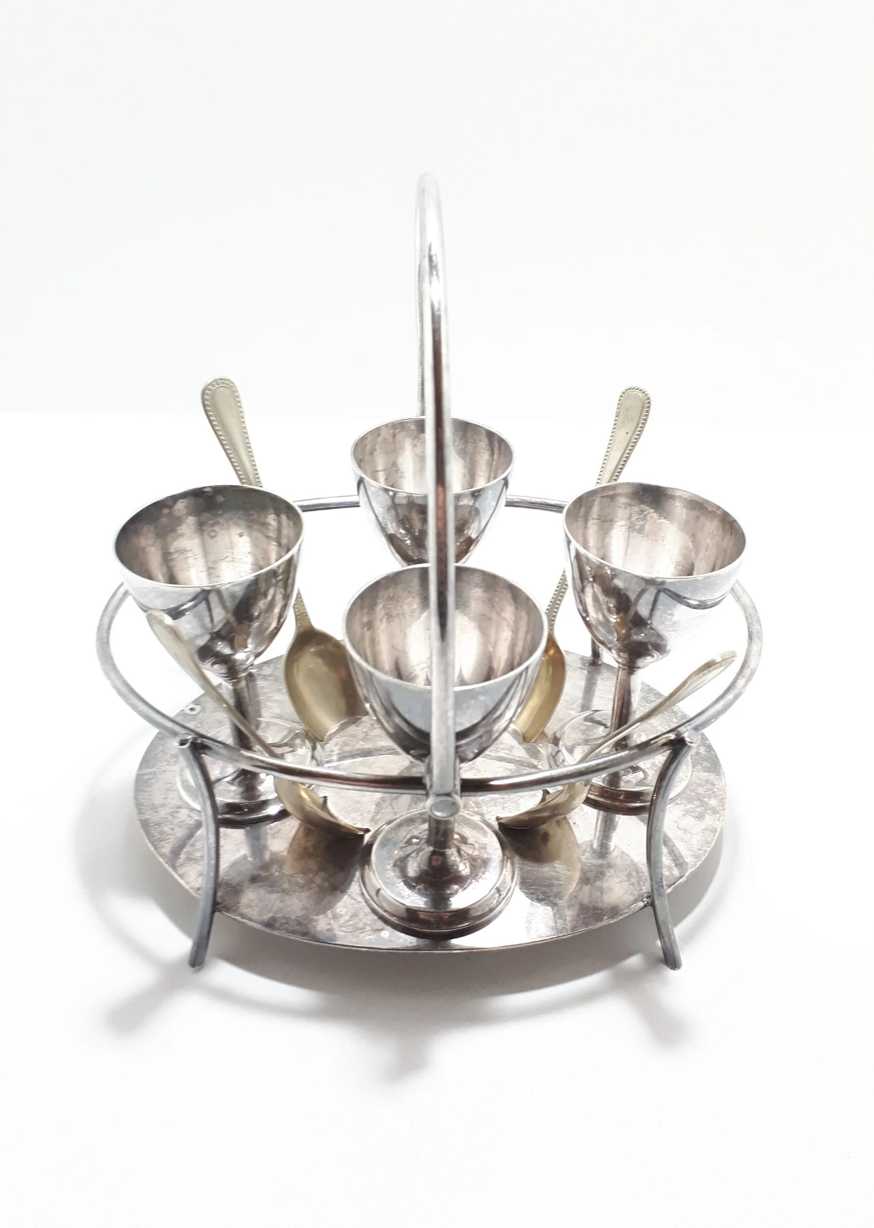 1950’s Silver Plated Breakfast Stand With 4 Egg Cups & Spoons – Swing Handle - Image 3