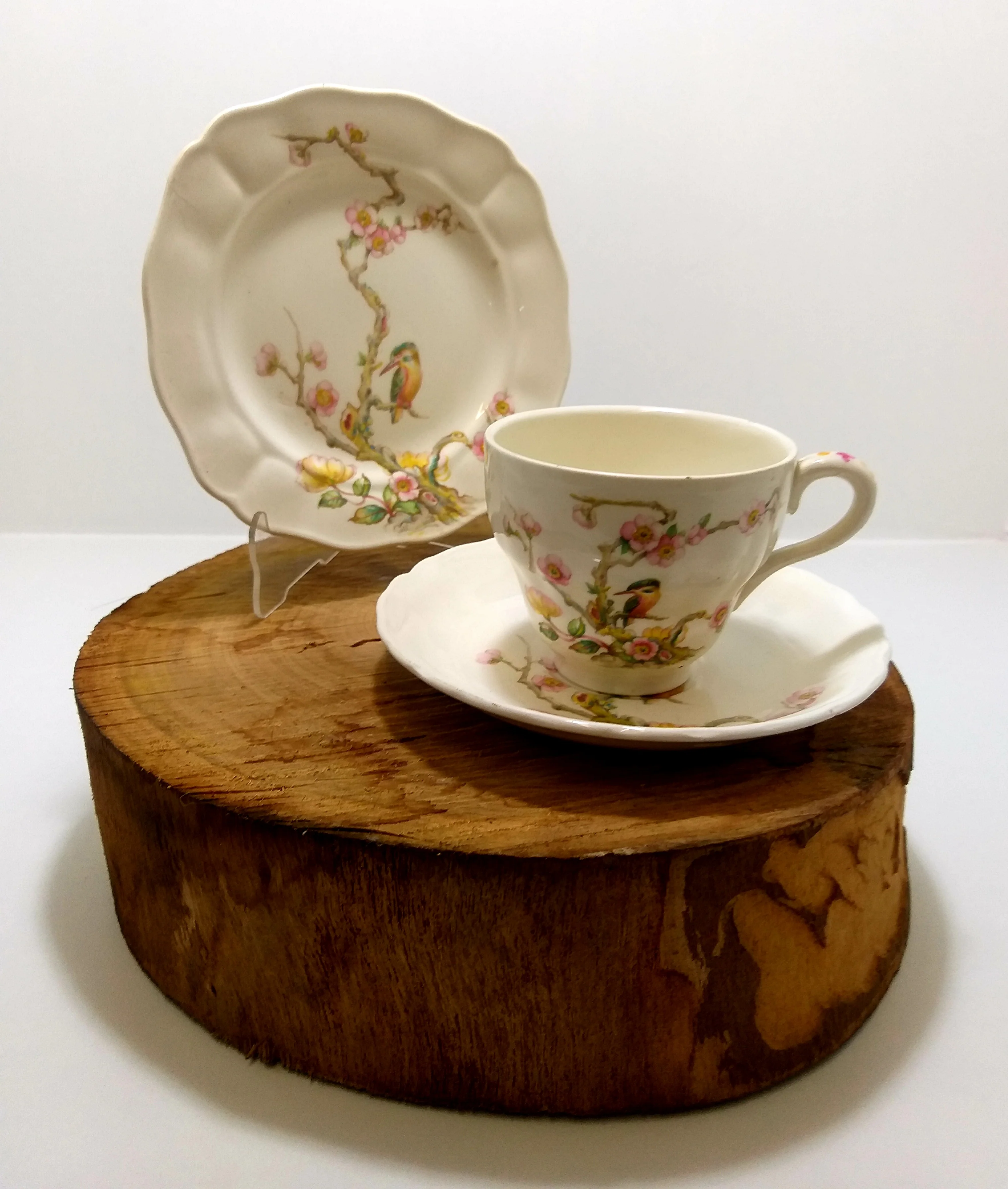 1950’s Vintage Marlborough Shape Grindley Porcelain Tea Trio – Rare Kingfisher Pattern