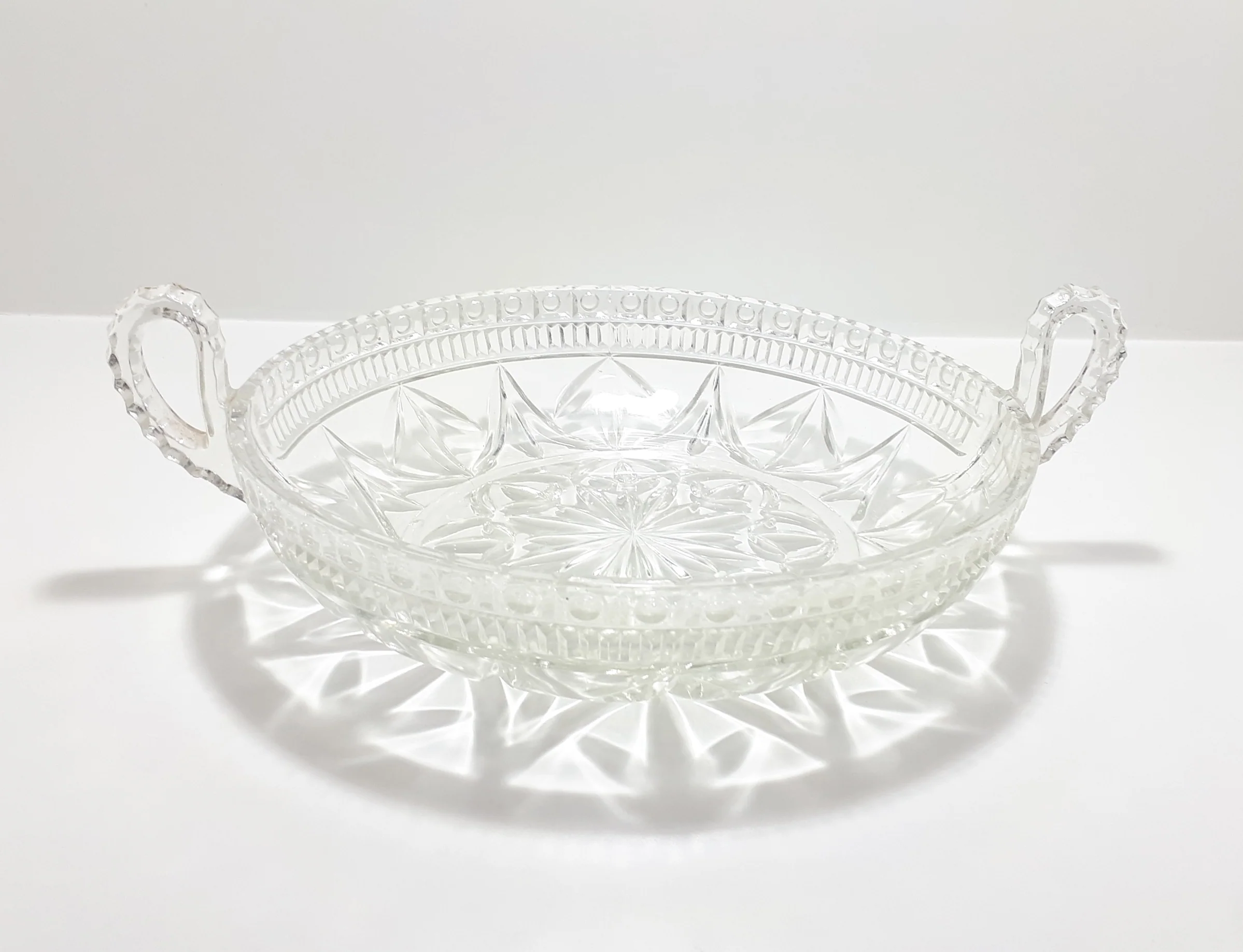 1960βs Clear Reproduction Depression Glass Presentation Bowl With Handles