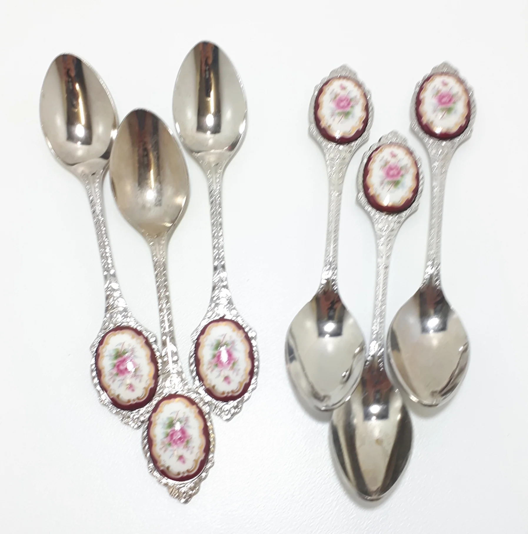 6 Japanese Stainless Steel Tea Spoons With Burgundy, Pink & Gold Flower Inlay - Image 3