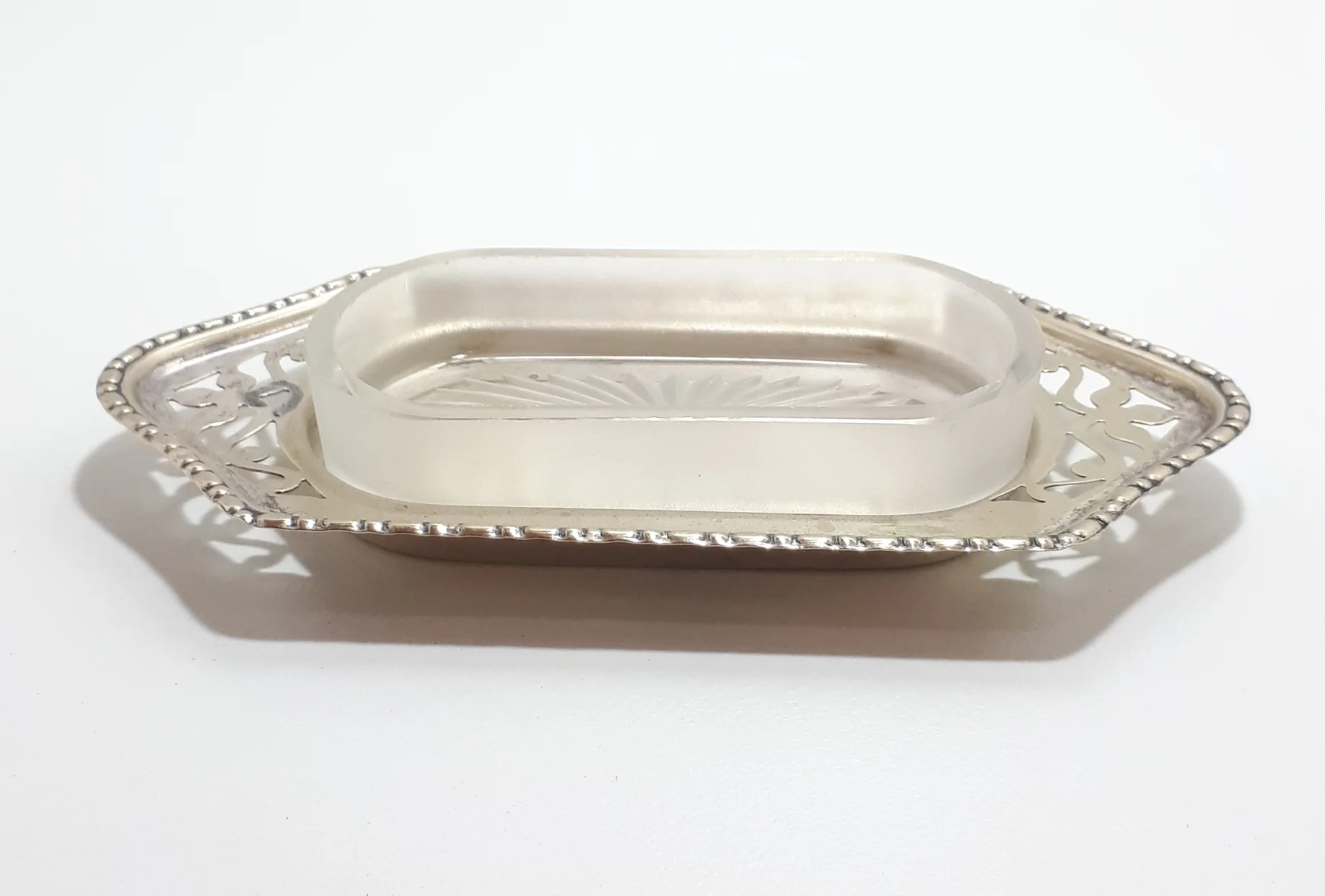 Antique (Gothic EPNS) Sheffield Silver Plated Butter Pat Dish - Tray & Frost Glass Liner