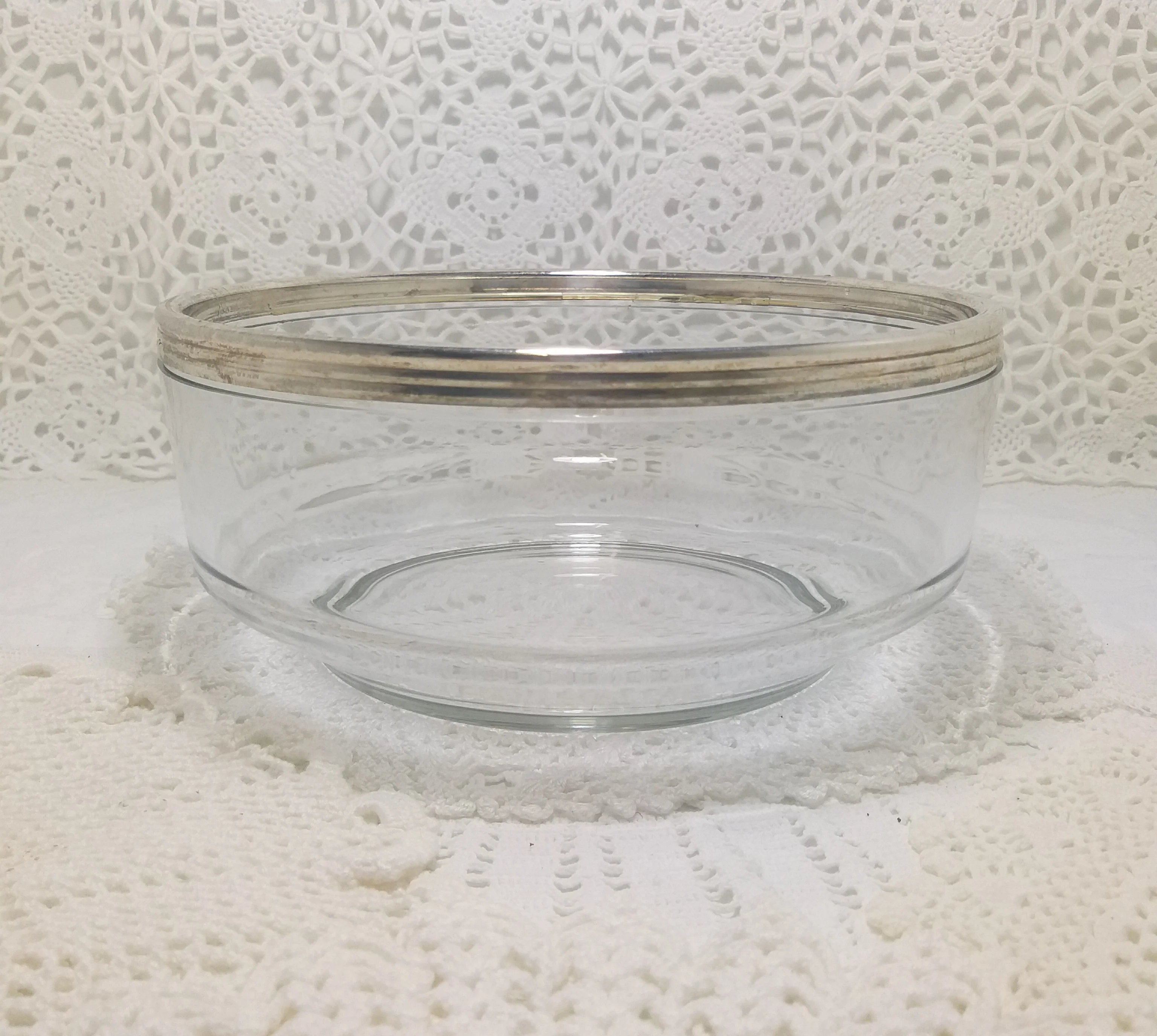 Clear Glass Italian Bormioli Rocco Salad Bowl With Silver Plated Rim Collar