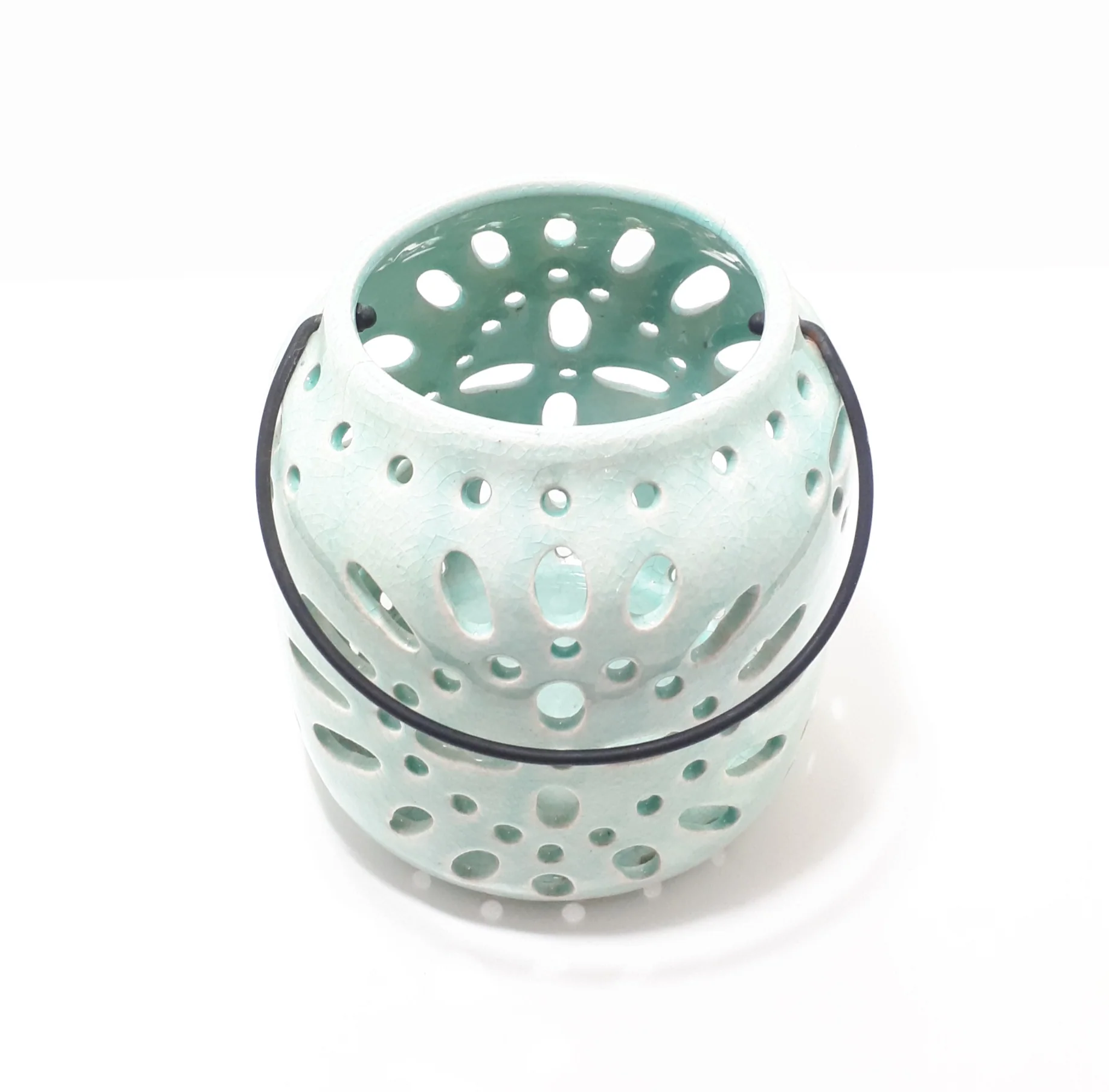 Contemporary Large Table Top Aqua Blue Candle Holder With Swing Handle - Image 4