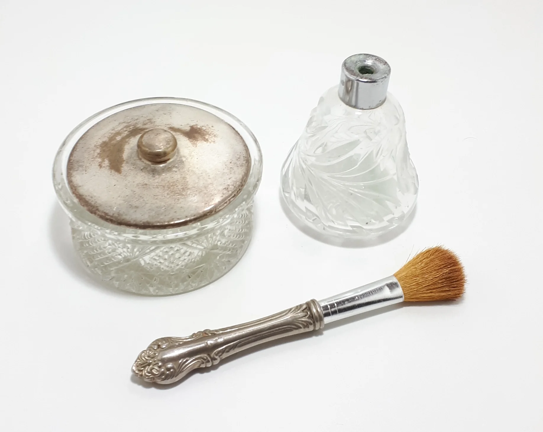 Crystal, Glass and Silver Plated Vanity Set – Powder Holder, Powder Brush & Bud Vase - Image 2
