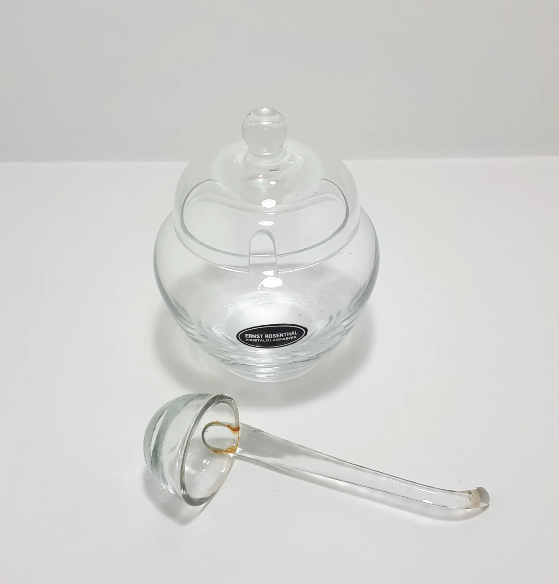 Ernst Rosenthal Fat Belly & Heavy Bottom Crystal Glass Lidded Jam Jar & Glass Ladle - Image 3