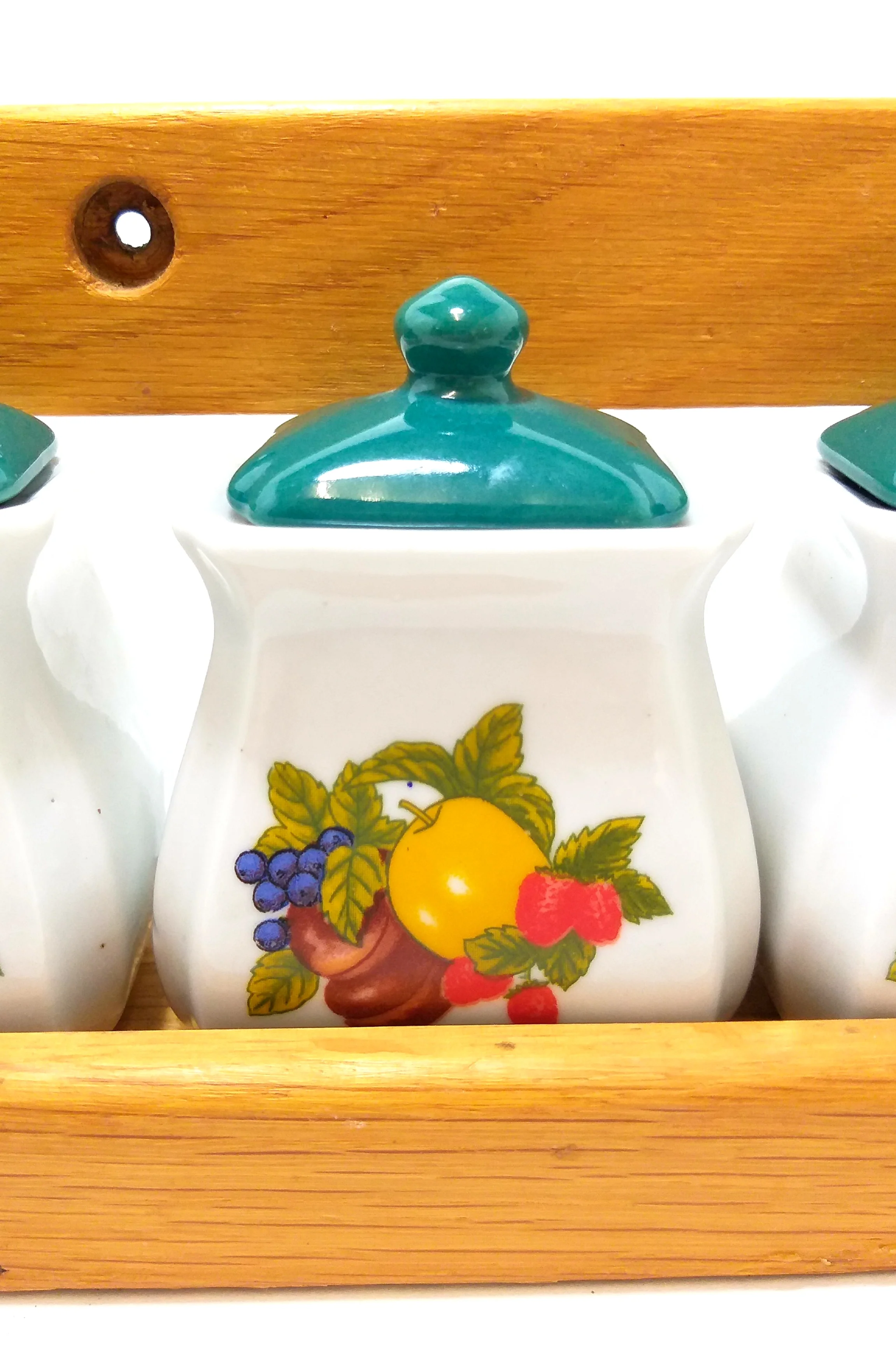 Gorgeous Mid-Century Oak Spice Rack With Four Lidded Porcelain Containers - Image 2