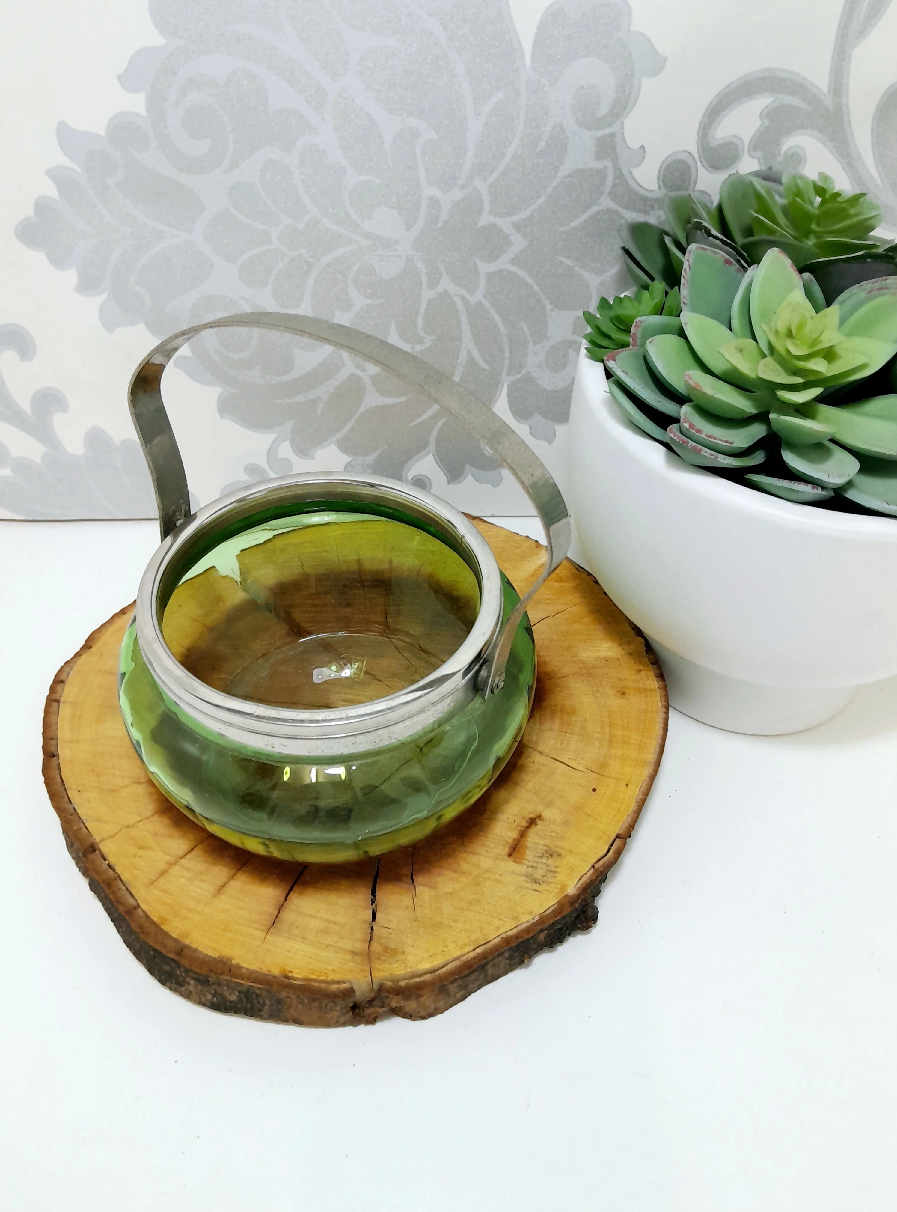 Green Glass Jar With Silver Collar & Handle - Image 2