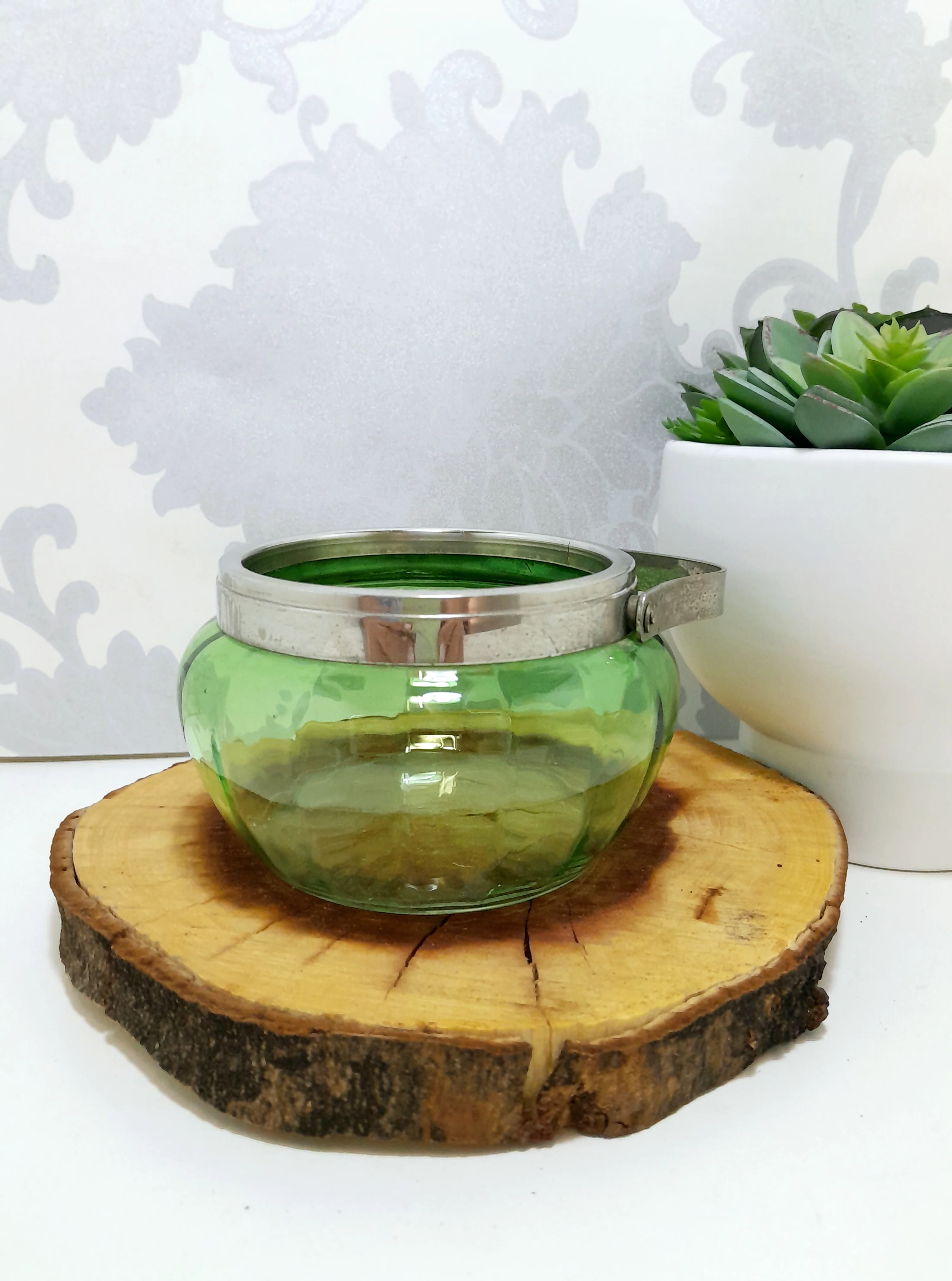 Green Glass Jar With Silver Collar & Handle - Image 4
