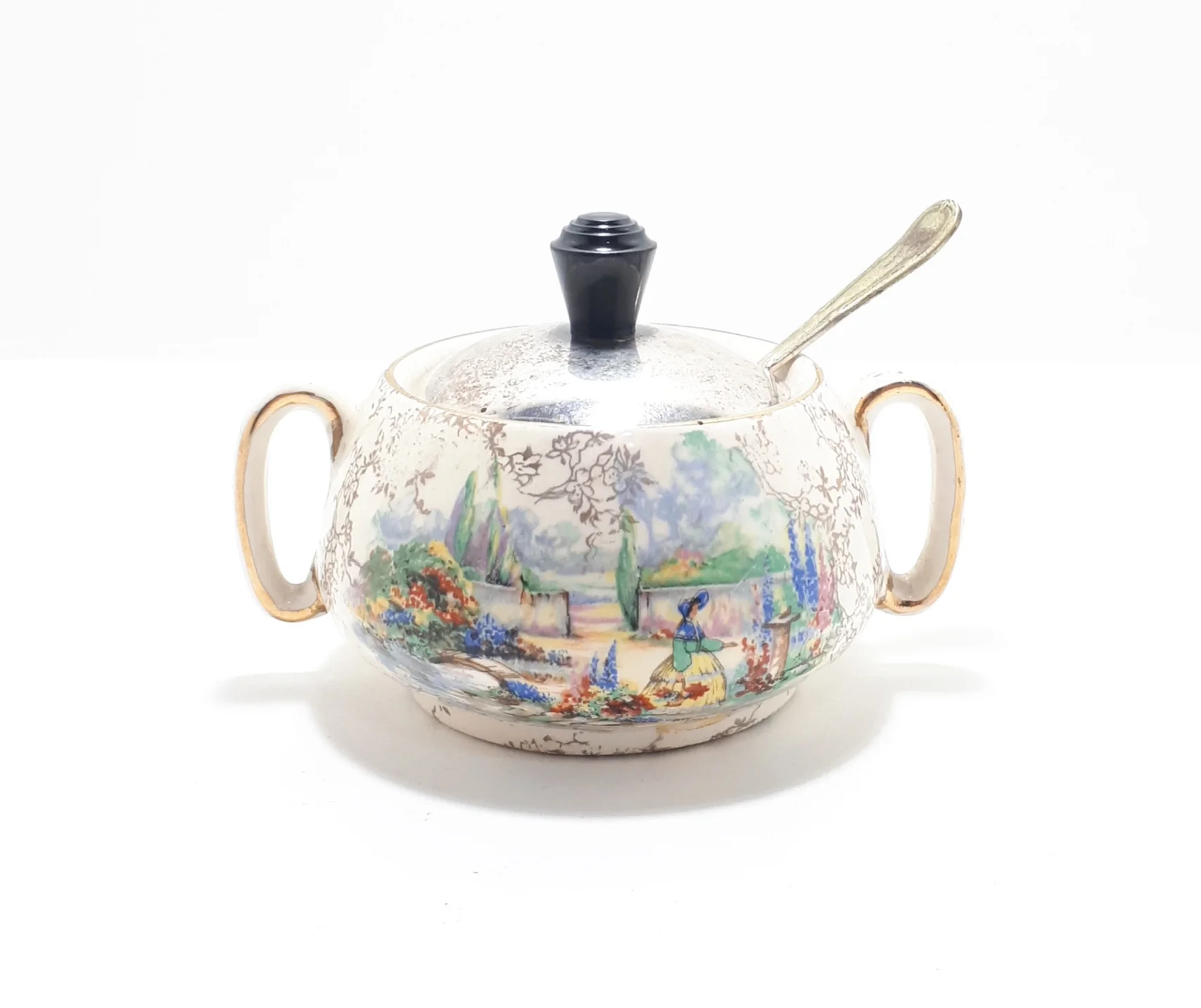 Lancaster & Sandland Ltd “In An Olde World Garden” Crinoline Lady Condiment/ Sugar Pot With Yeoman Plate Spoon