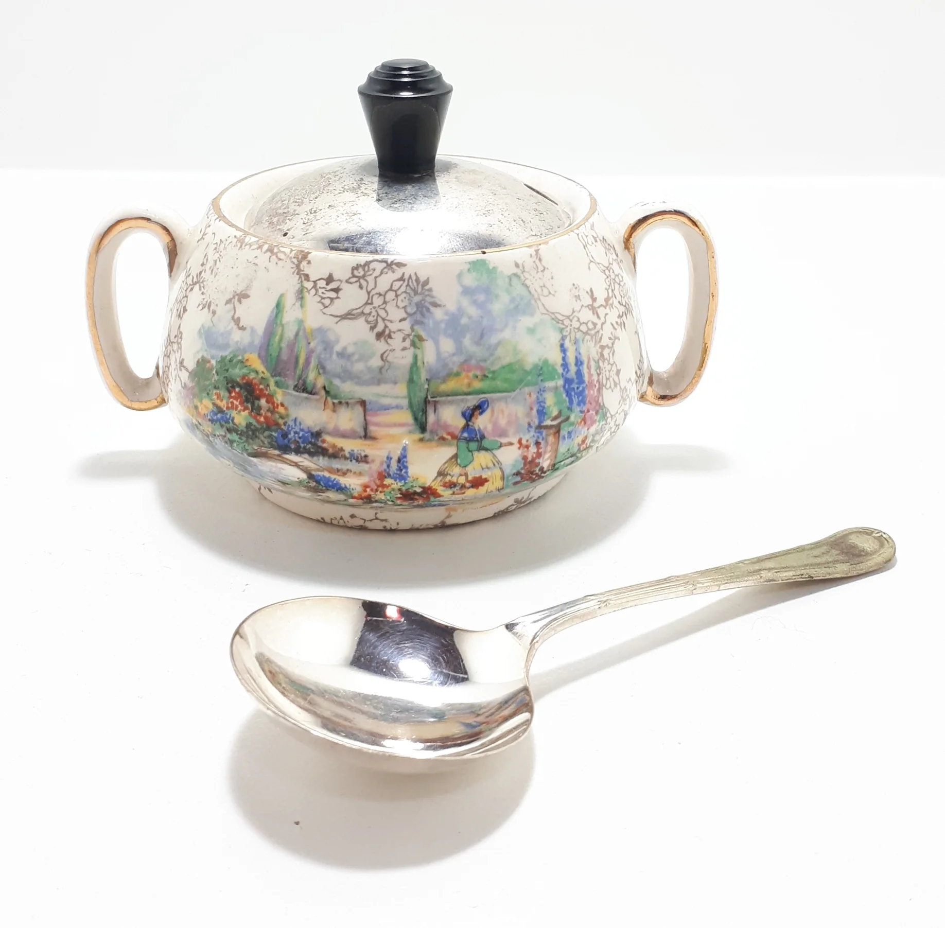 Lancaster & Sandland Ltd “In An Olde World Garden” Crinoline Lady Condiment/ Sugar Pot With Yeoman Plate Spoon - Image 2