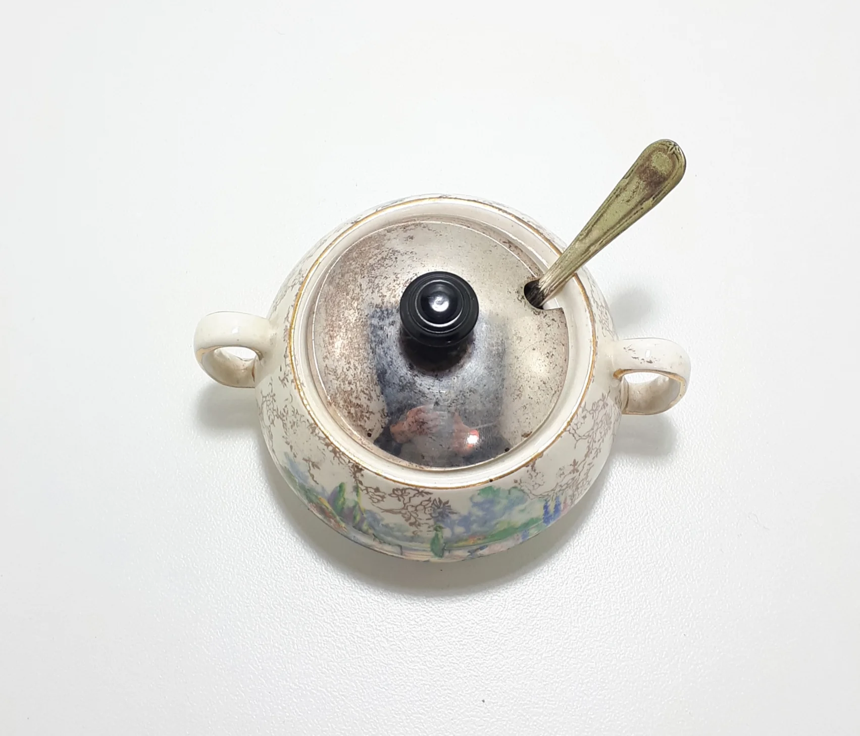 Lancaster & Sandland Ltd “In An Olde World Garden” Crinoline Lady Condiment/ Sugar Pot With Yeoman Plate Spoon - Image 3