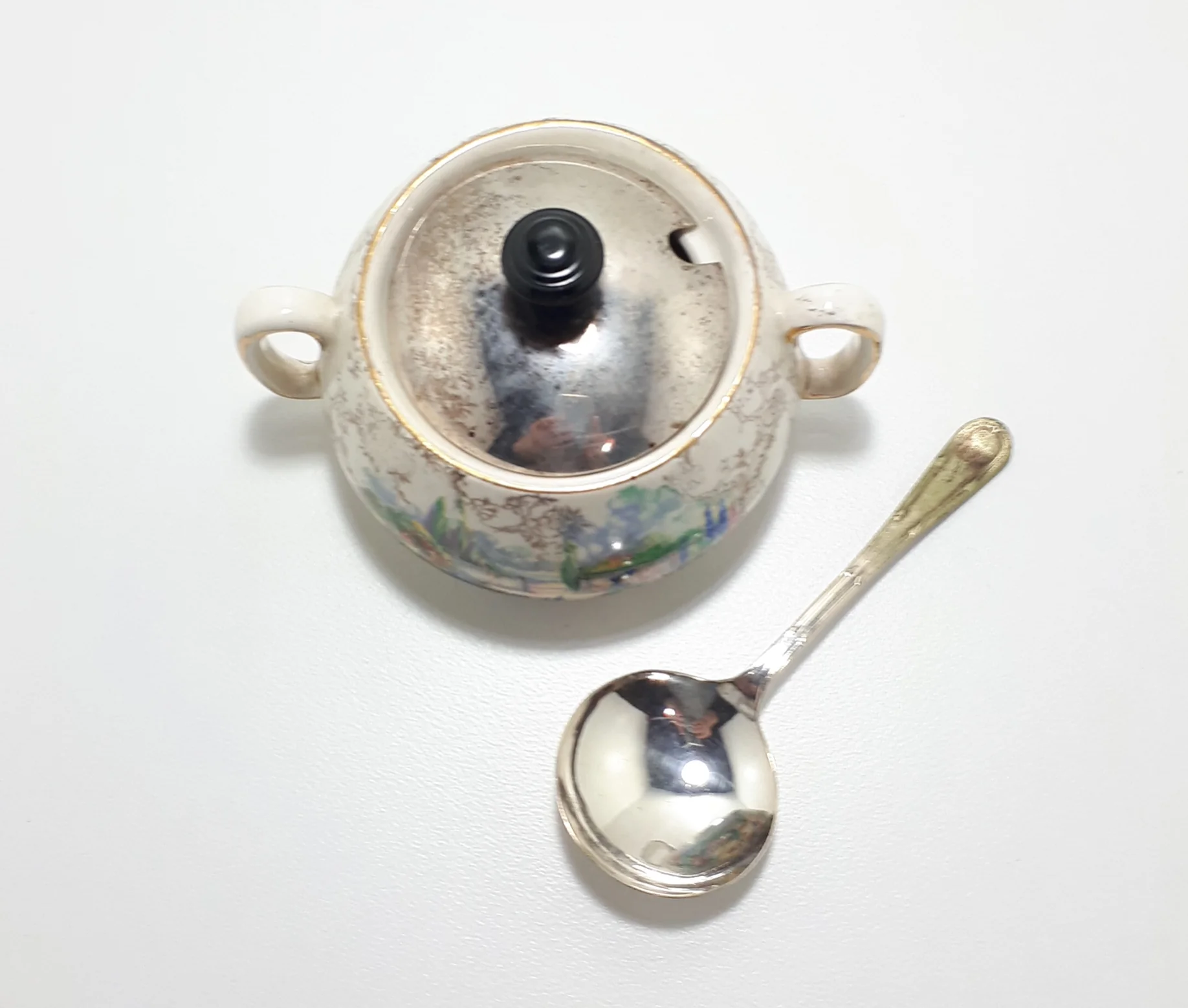 Lancaster & Sandland Ltd “In An Olde World Garden” Crinoline Lady Condiment/ Sugar Pot With Yeoman Plate Spoon - Image 4