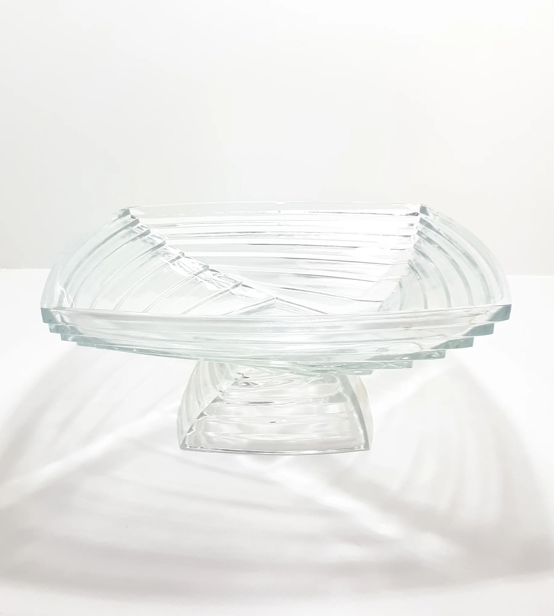 Large Vintage Clear Glass Centerpiece Pedestal Display Bowl With Graduated Deco Square Design - Image 4