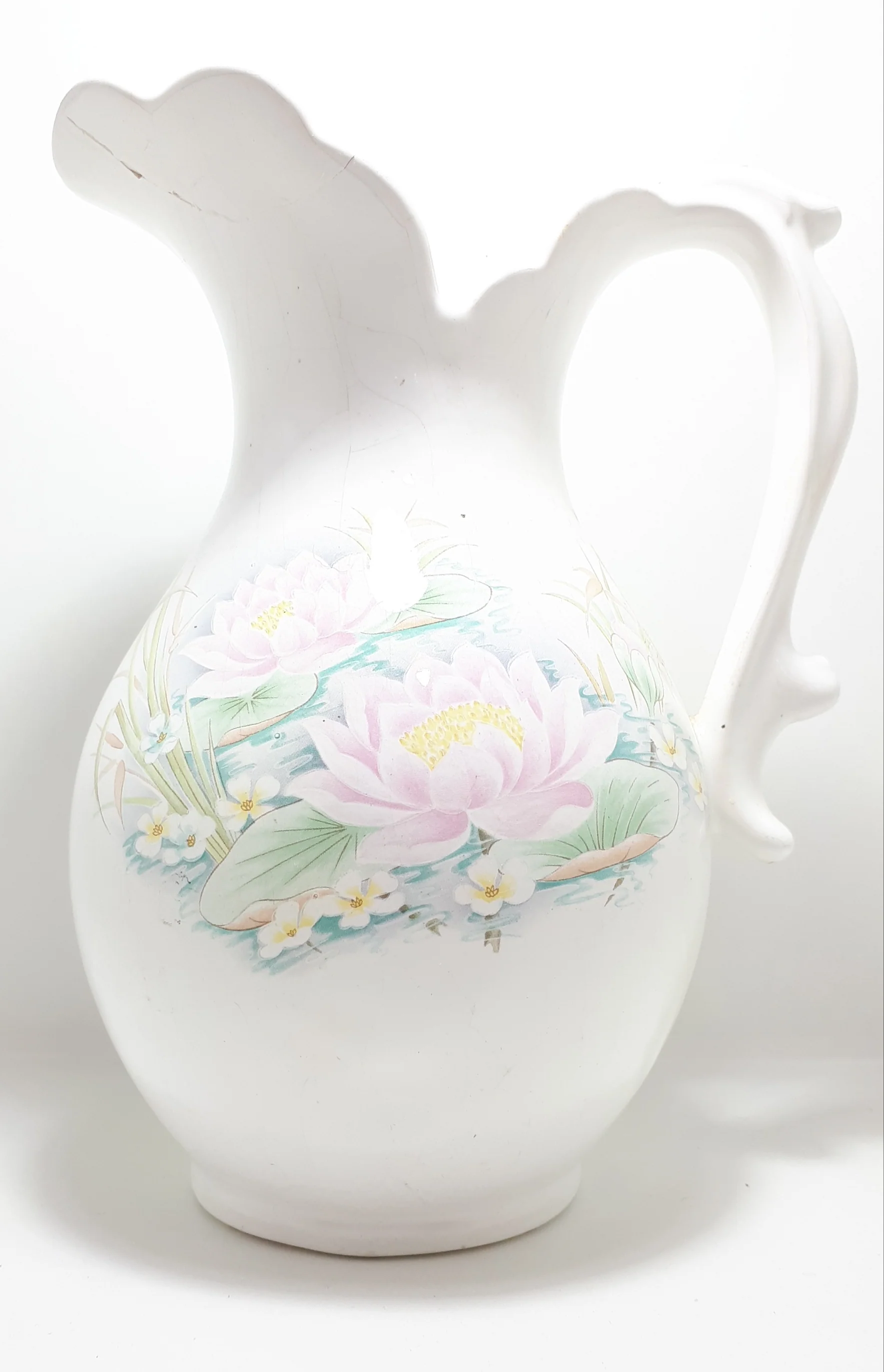 Large Vintage White Porcelain Pitcher With Hand Painted Water Lilly Pattern - Image 2