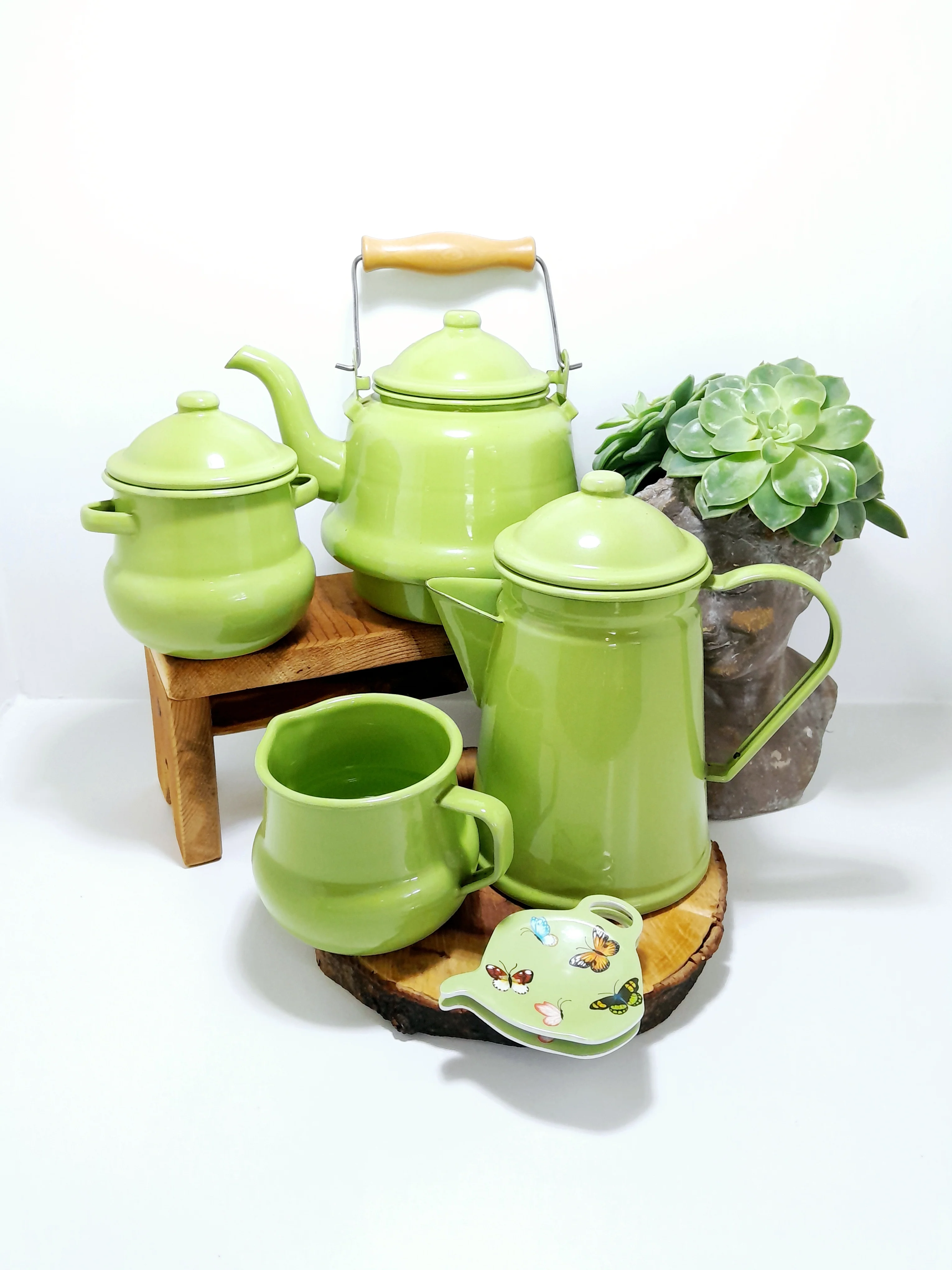 Lime Green Enamel Tea & Coffee Set - Image 3