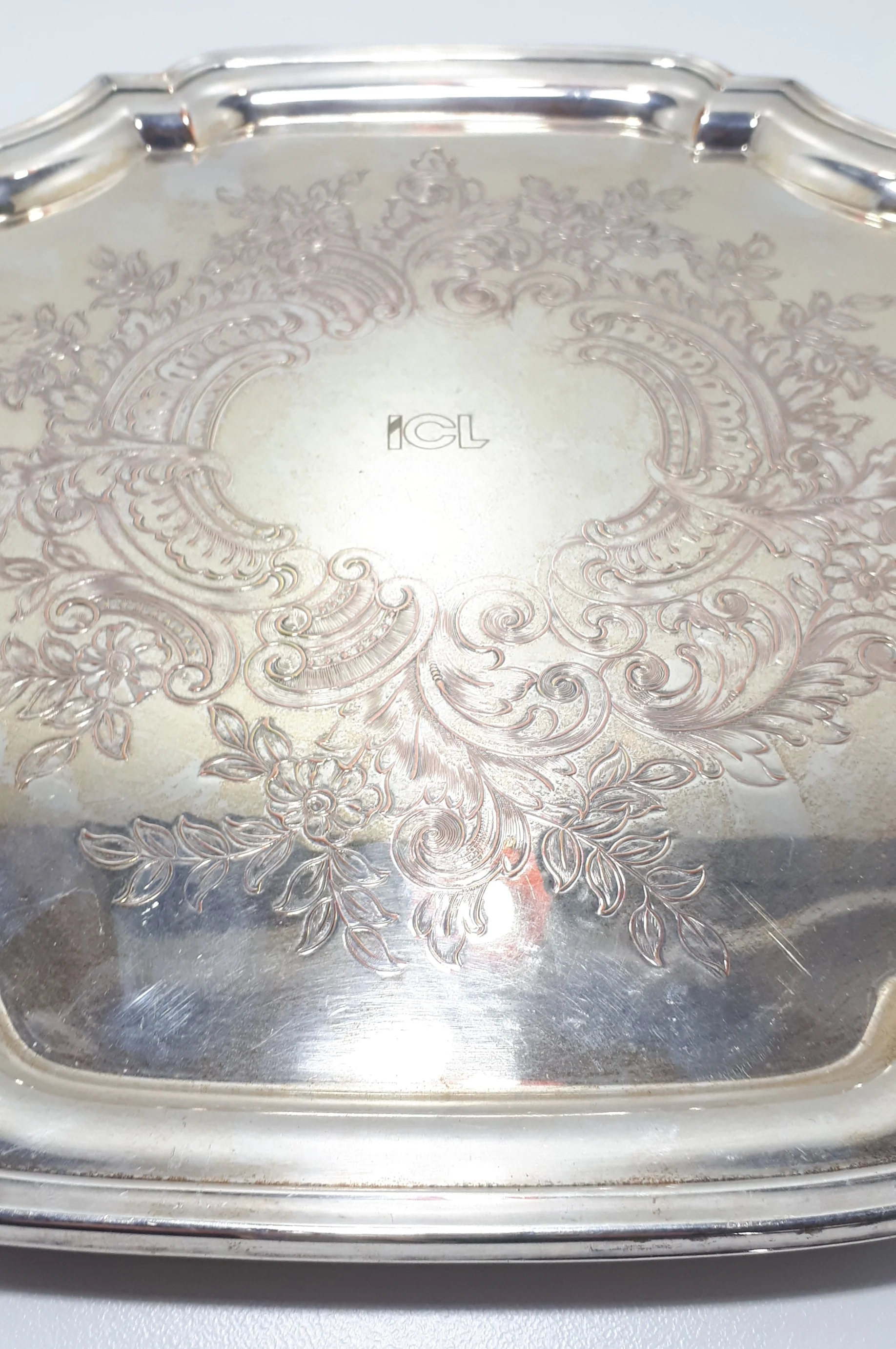 Mid-Century Vintage Silver plated Tray With Serpentine Rim & Etched Baroque Patterning - Image 3