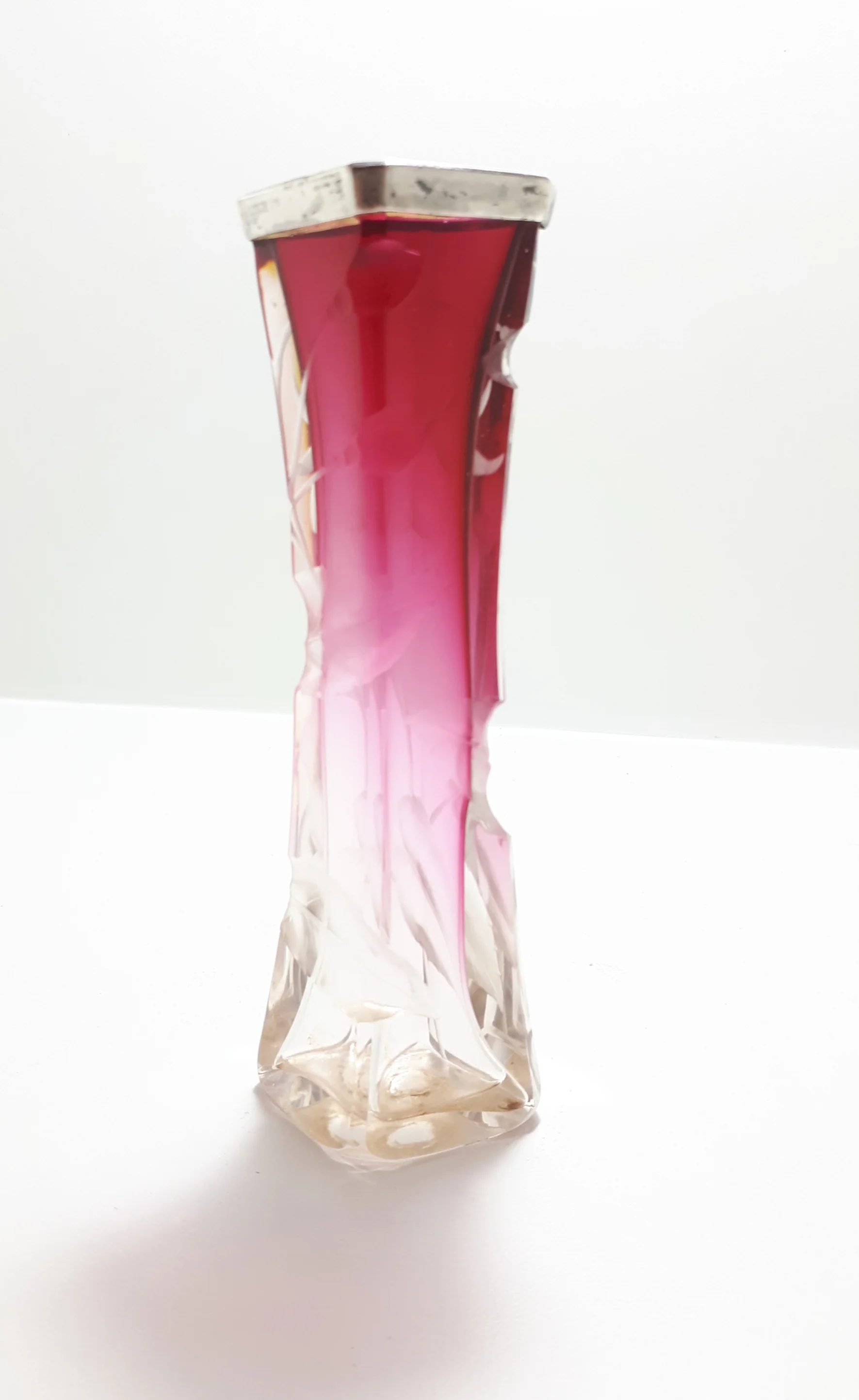 One Of A Kind Cerise & Clear Glass Art Nouveau Bud Vase With Silver Plated Rim - Image 6