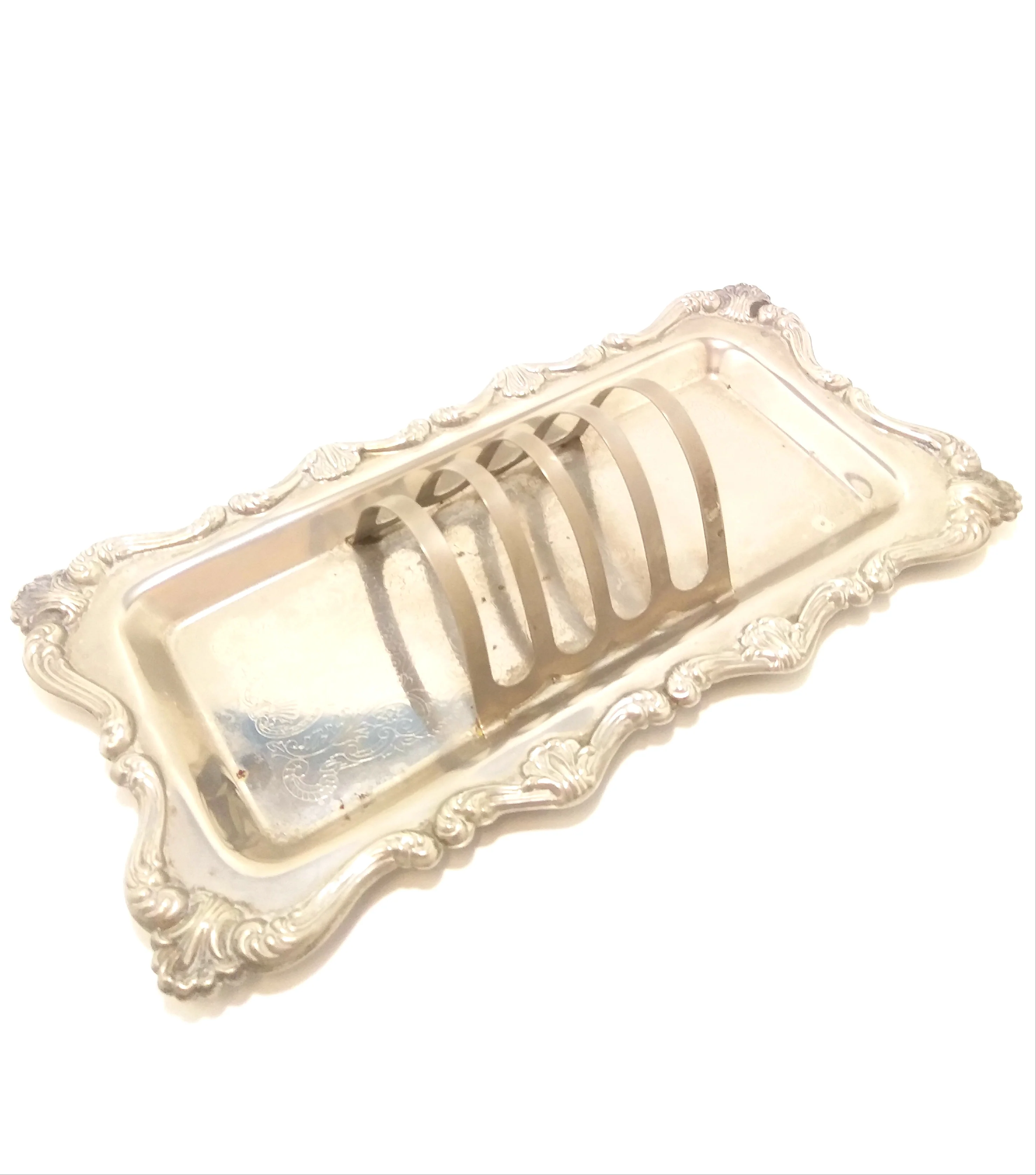 Ornate Vintage Silver Plated Rectangular Tray With Four-Slice Toast Rack - Image 2