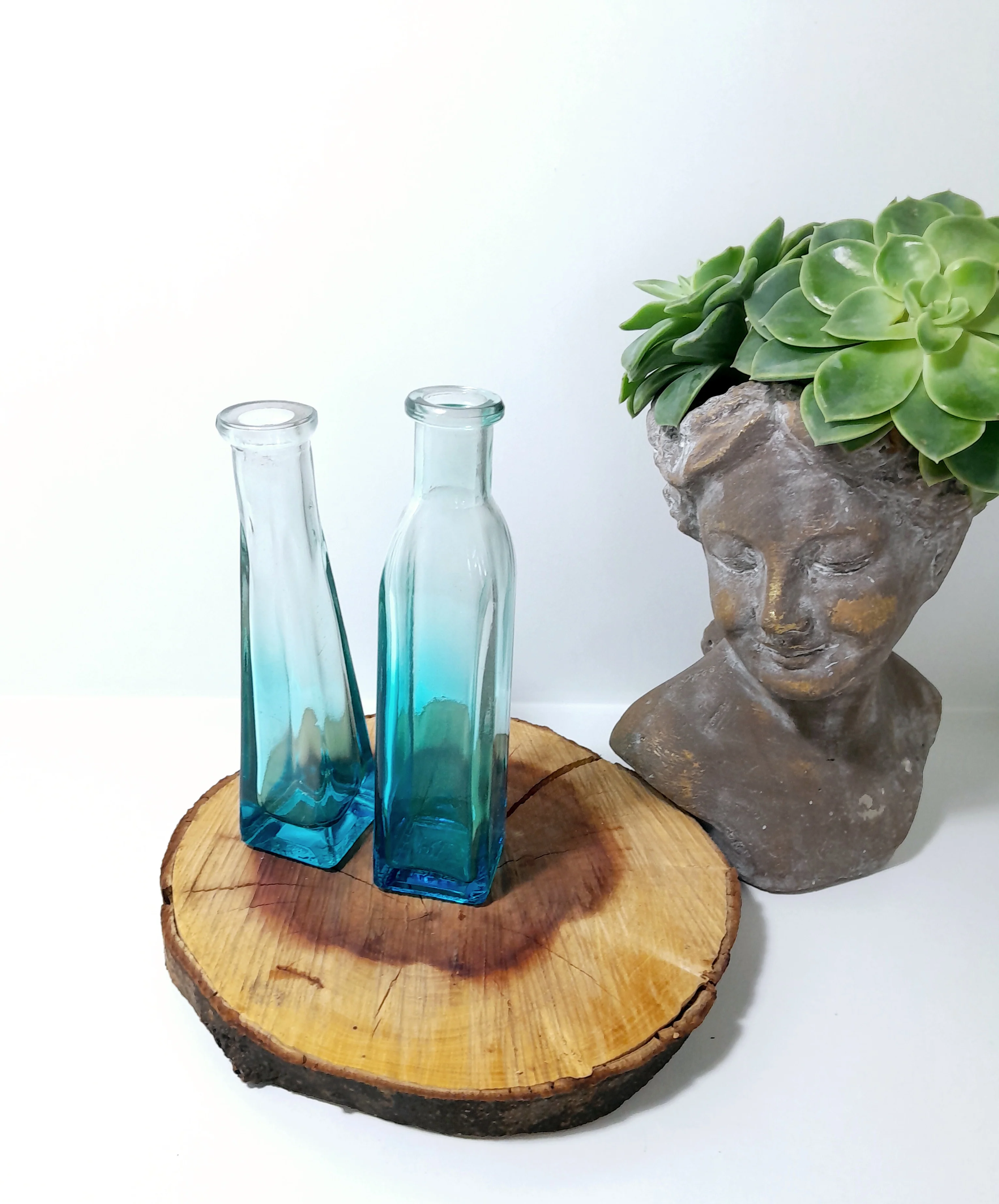 Pair Of Small Ombré Blue Glass Bottle Bud Vases - Image 2