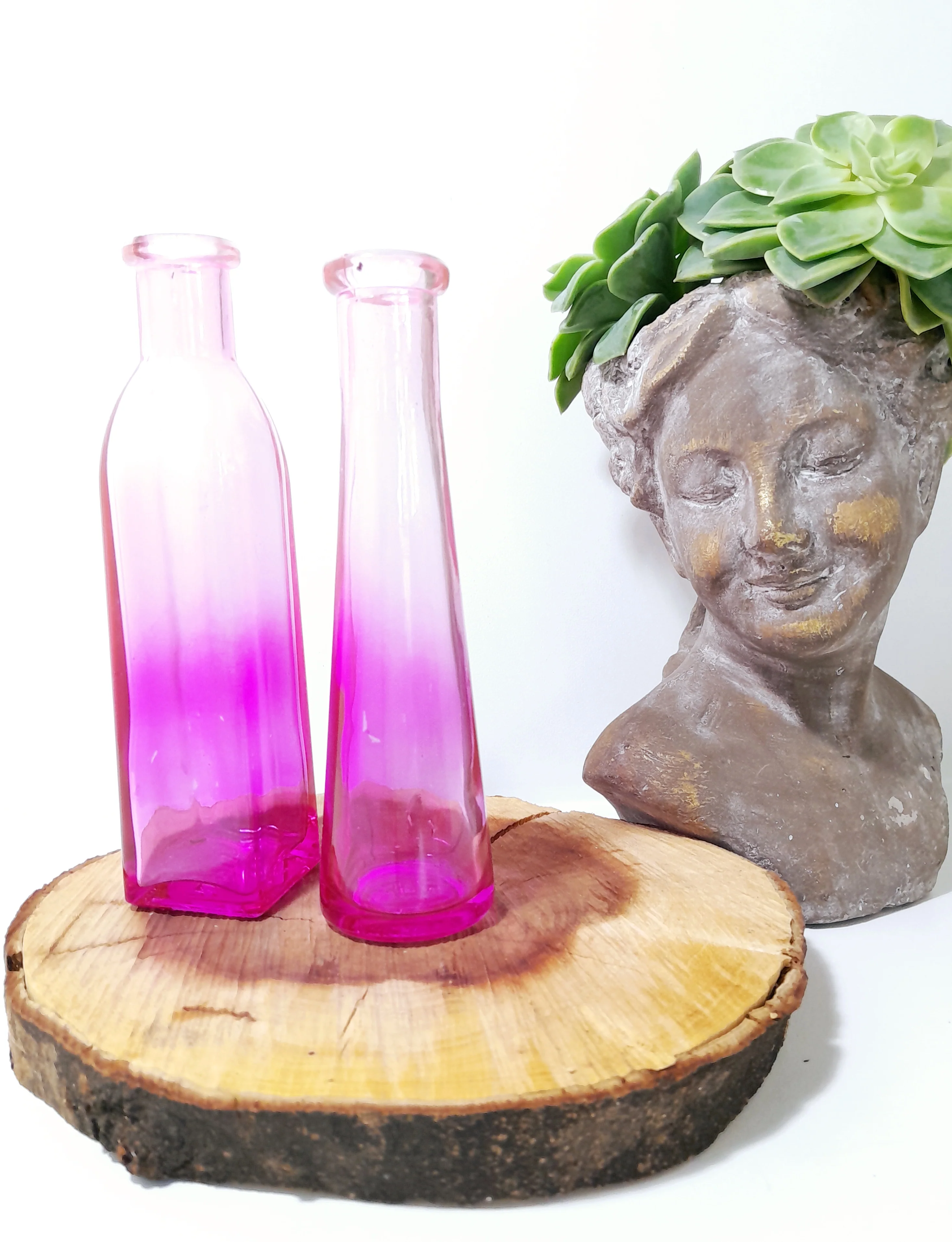 Pair Of Small Ombré Pink Glass Bottle Bud Vases - Image 2