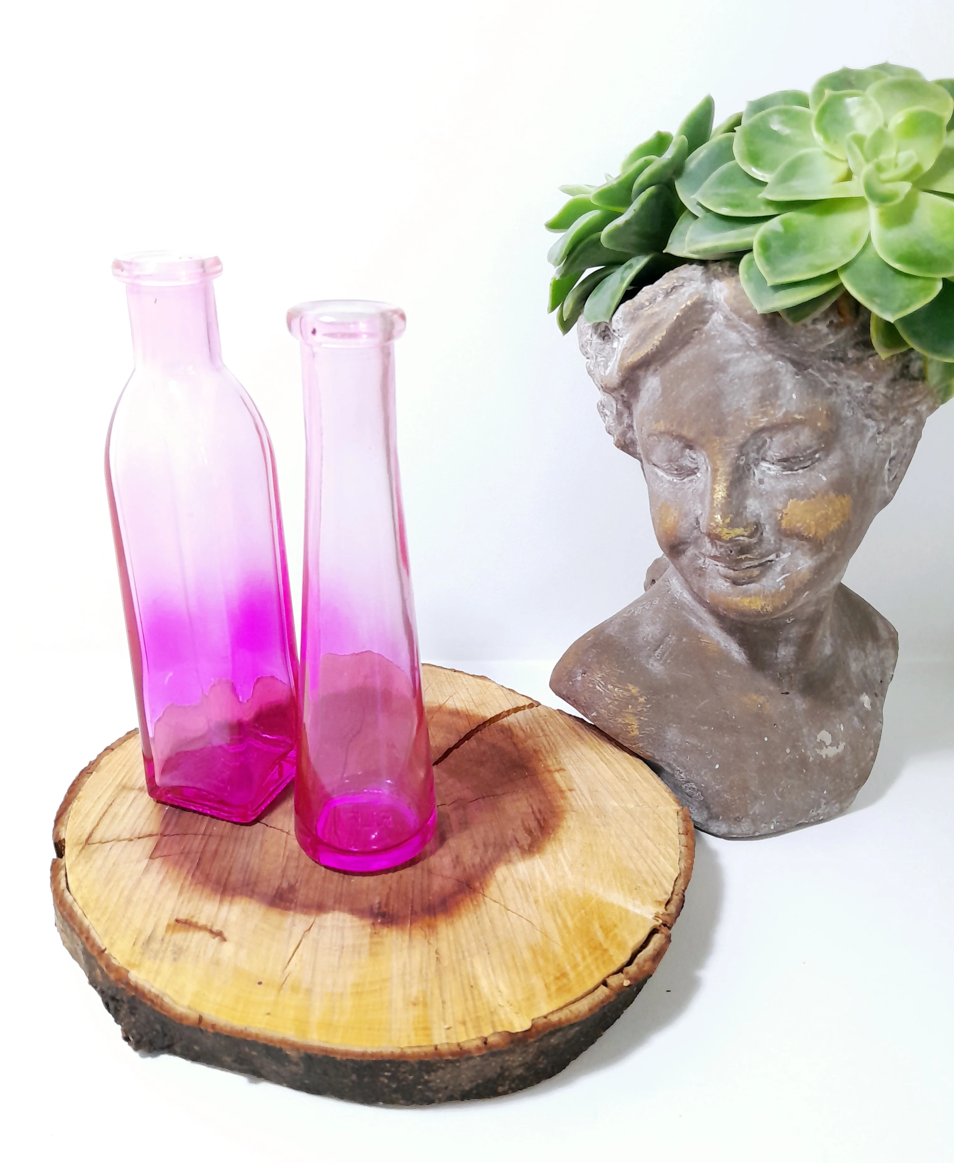 Pair Of Small Ombré Pink Glass Bottle Bud Vases - Image 3