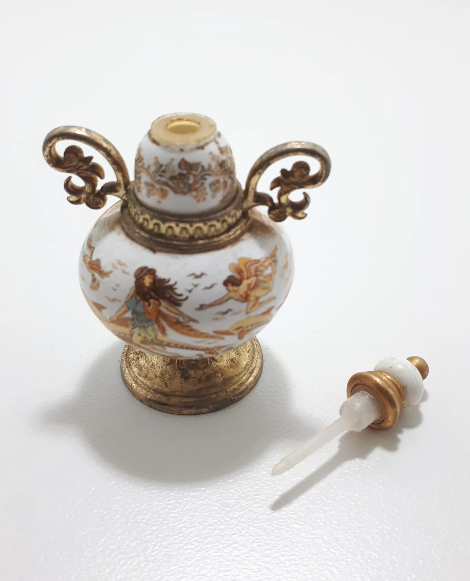 Rare Collectable Set of Miniature Greek "Venus" Handmade Porcelain & Brass Perfume Bottles - Image 3