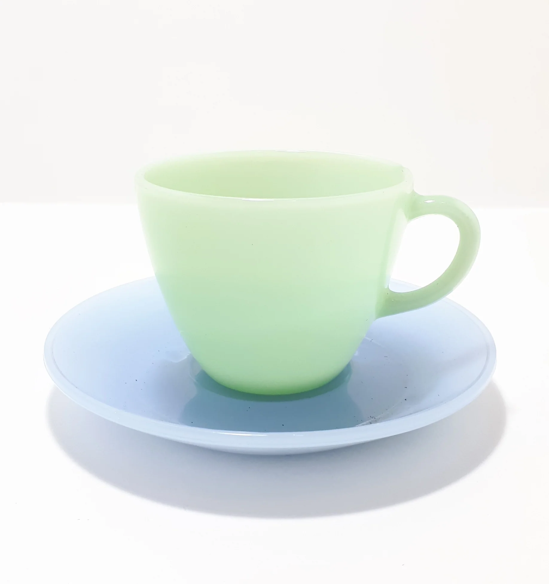 Rare Vintage 1950's Pastel Colour Milk Glass Tea Duo - Jade & Baby Blue