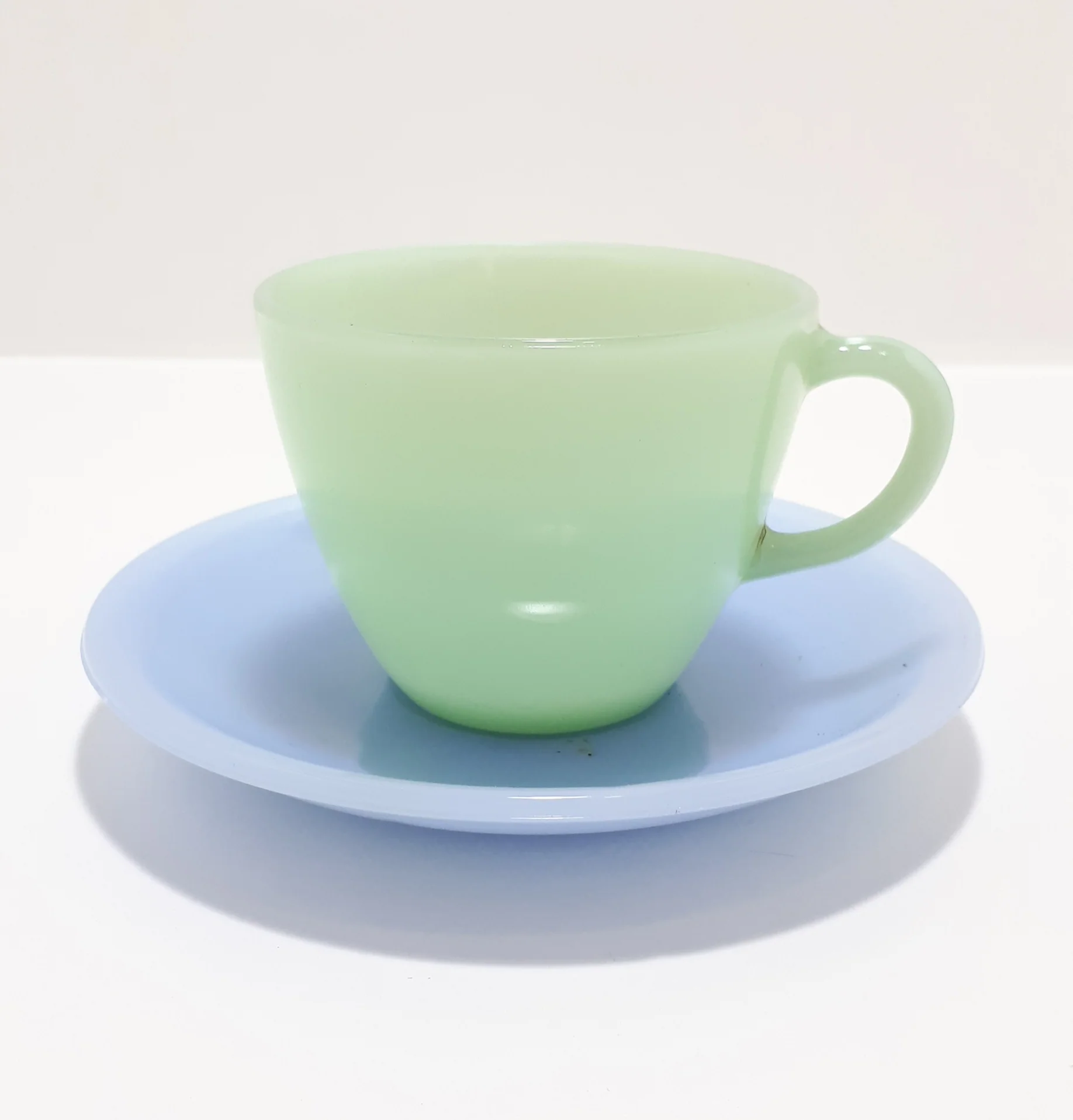 Rare Vintage 1950's Pastel Colour Milk Glass Tea Duo - Jade & Baby Blue