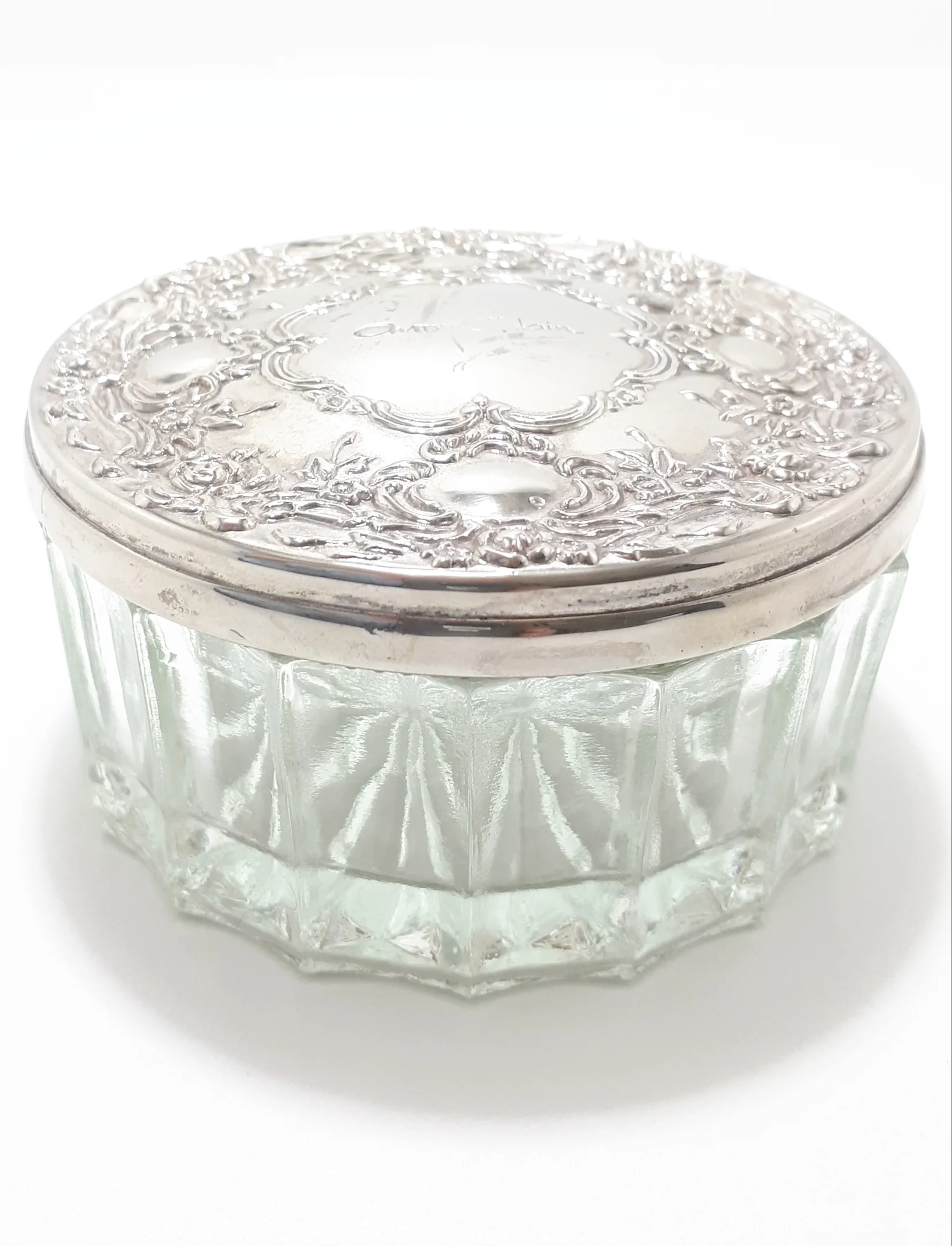 Rare Vintage Avroy Shlain Cut Glass Trinket Bowl With Embossed Silver Plated Lid