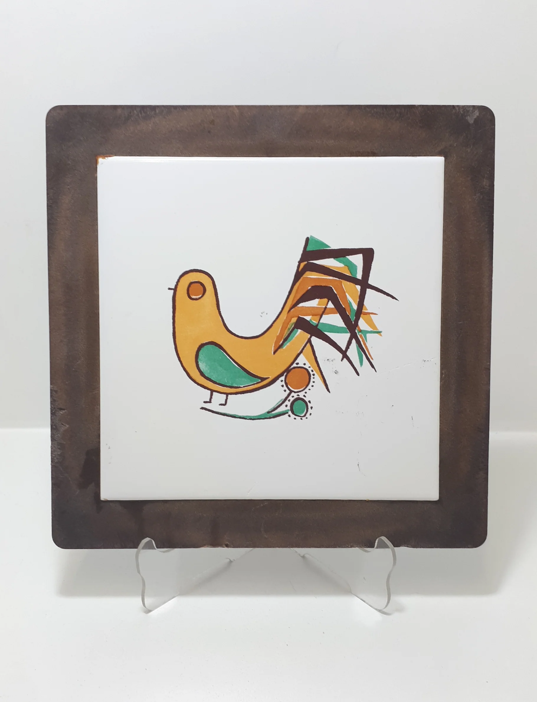 Rare Vintage Italian Porcelain Designer Tile (Trivet) In Faux Wood Base – Maiolica Forte - Image 2