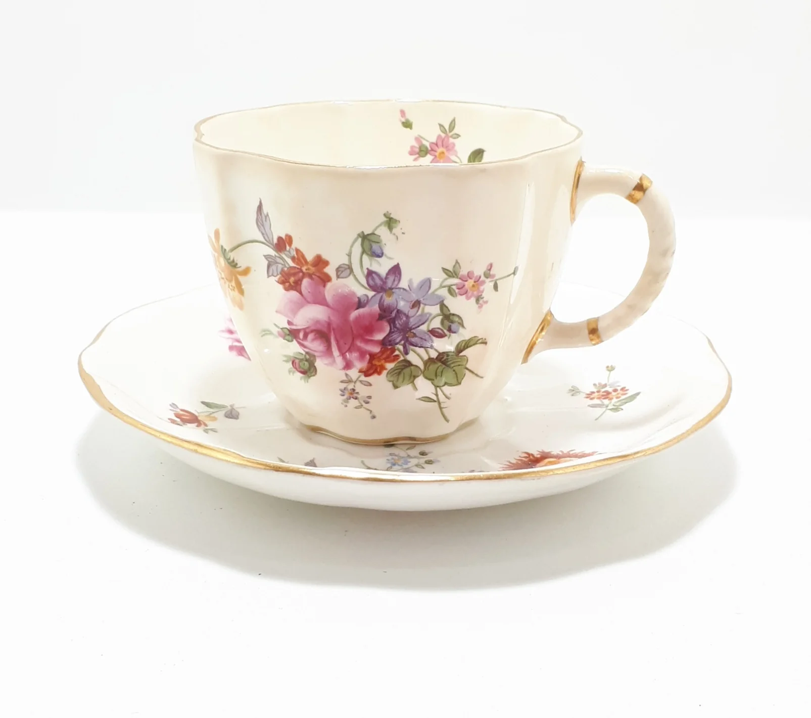 Rare Wartime Production Royal Crown Derby Fine Porcelain Tea Duo – 1940 – 1945 Green Back Stamp – Derby Posies Pattern