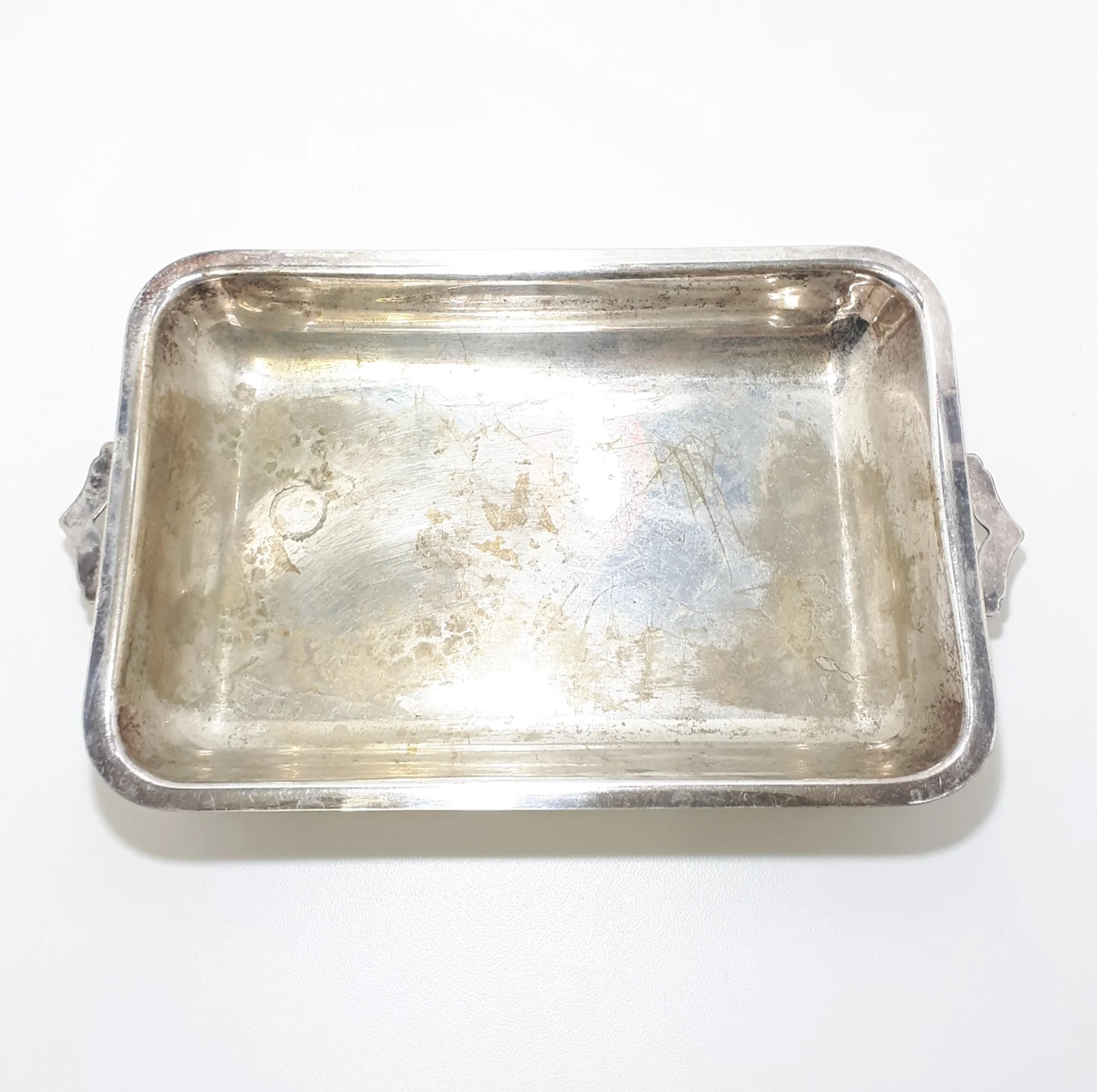 Rectangular Well-used Vintage Silver Plated Dish With Handles
