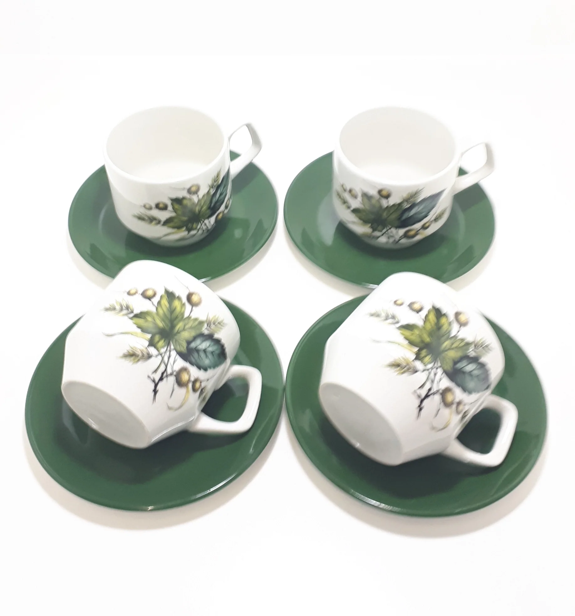 Retro & Vintage 1970’s Wood & Sons Alpine Ironstone Set Of Four Coffee Cups & Saucers – Sherwood Pattern - Image 2