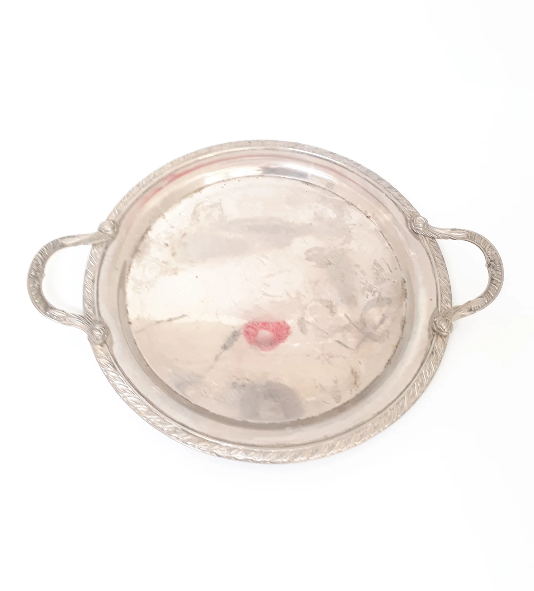 Round Silver Plated Drinks / Serving Tray With Handles – Baroque Etched Patterning - Image 3