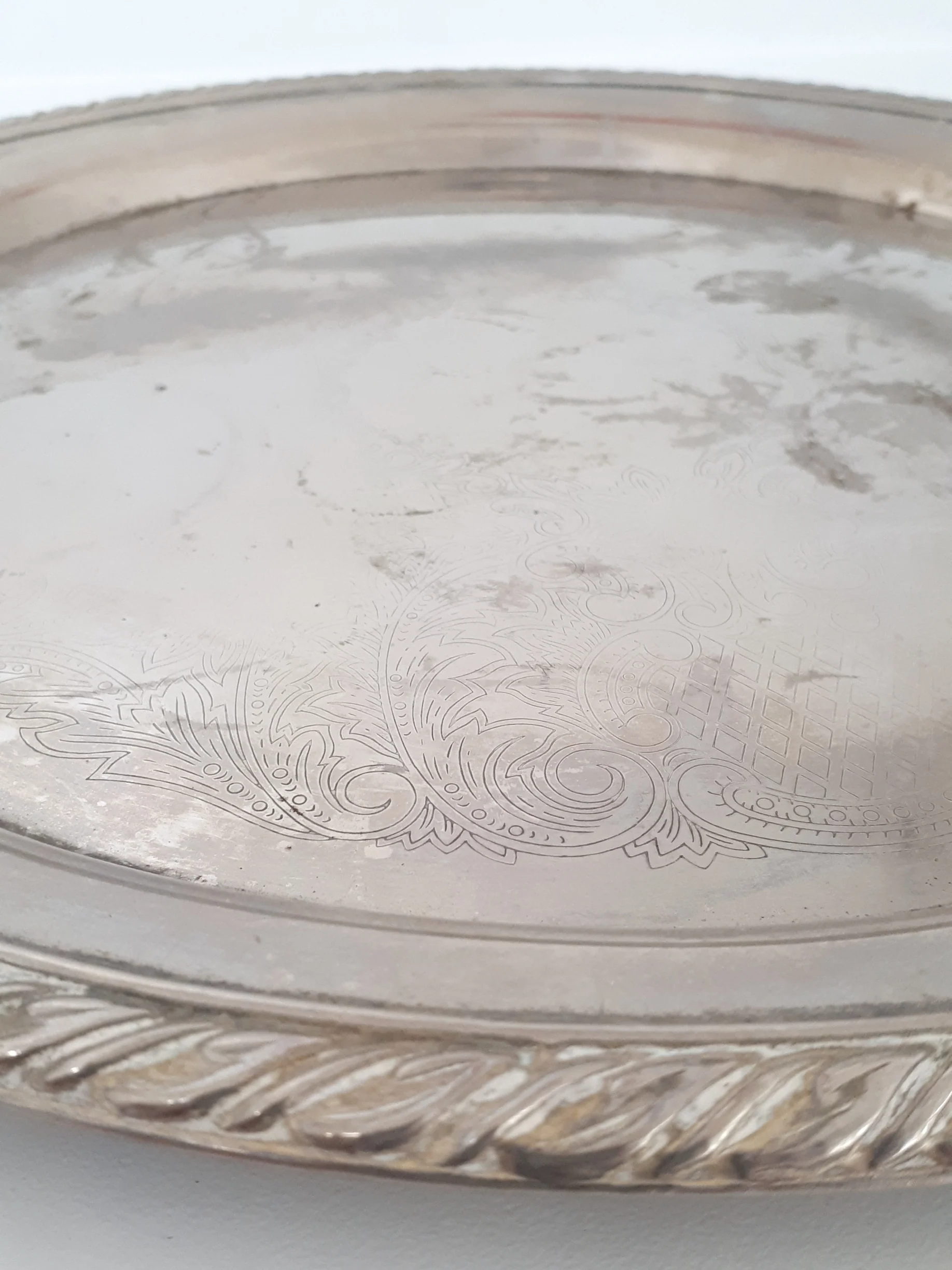 Round Silver Plated Drinks / Serving Tray With Handles – Baroque Etched Patterning - Image 5