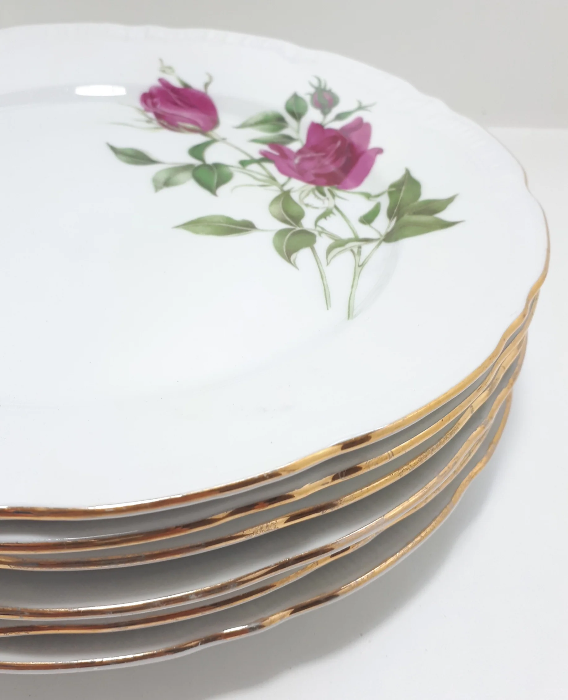 Set Of 6 Czechoslovakian Dinner Plates – Rose Detail With Embossed, Scalloped & Gold Trim Rims - Image 3