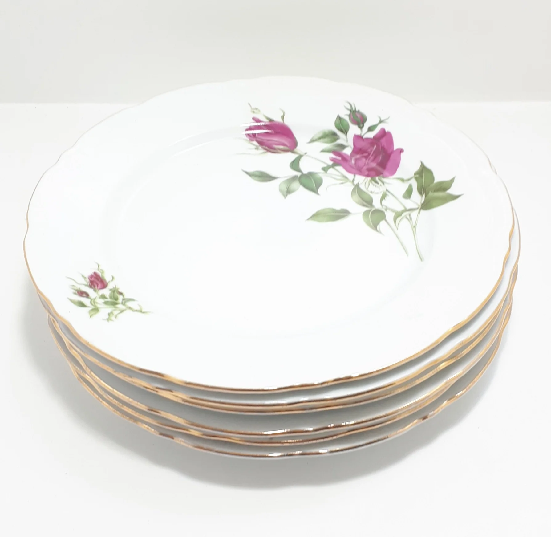 Set Of 6 Czechoslovakian Dinner Plates – Rose Detail With Embossed, Scalloped & Gold Trim Rims - Image 5