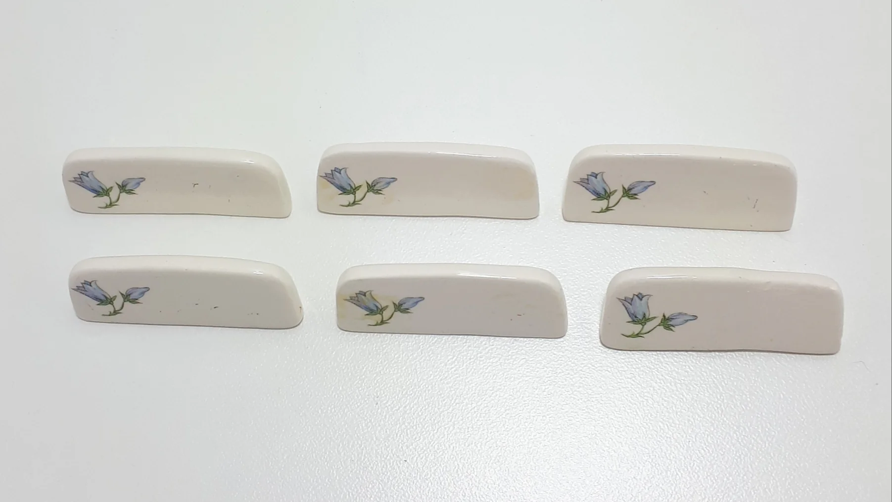 Set Of Six Identical Fine Porcelain Vintage Name Place Stands – Bluebell Flower - Image 4