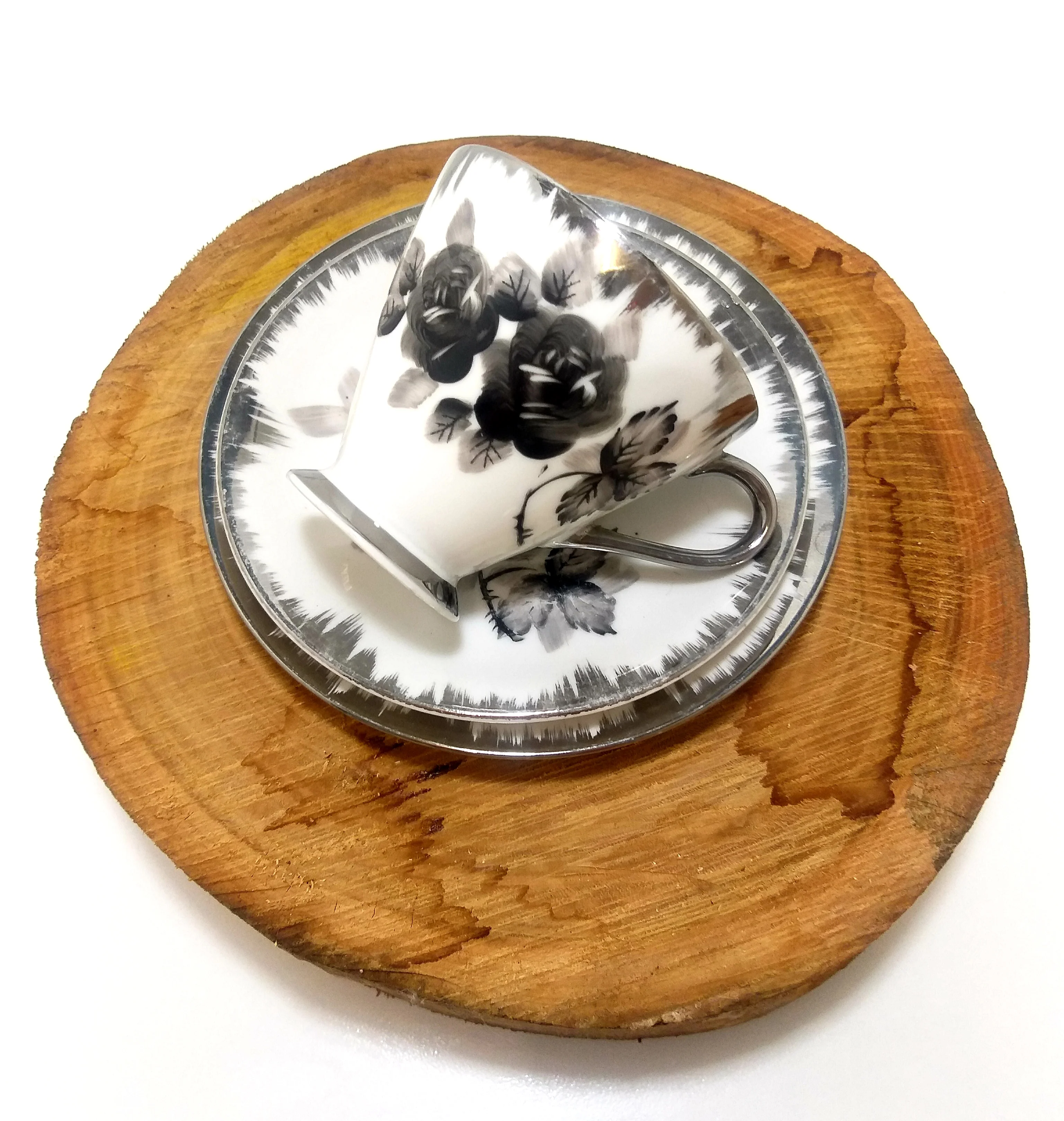 Shades Of Grey Unmarked Tea Trio – Cup, Saucer & Cake Plate - Image 4