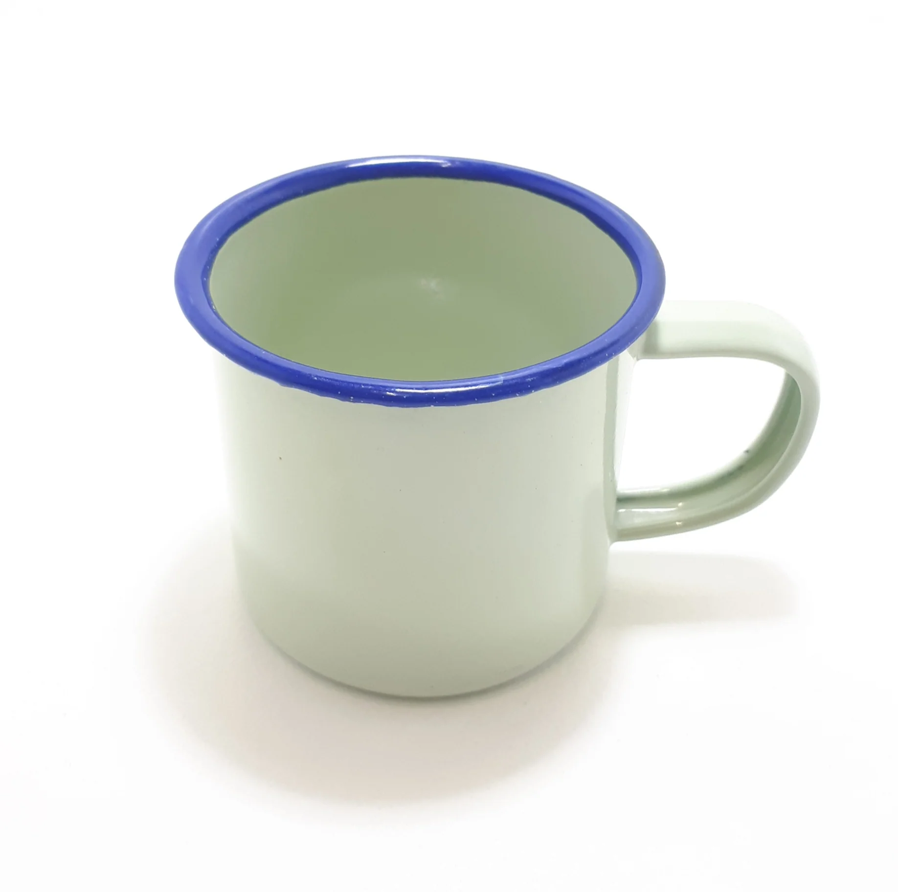 Small Green Vintage Enamel Mug With Broad Blue Rim - Image 5