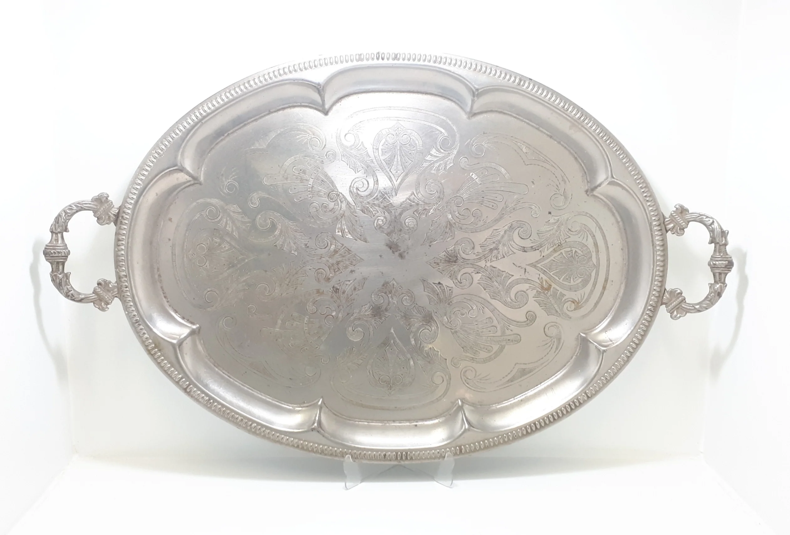 Very Large Oval Shaped Silver Plated Serving Tray With Ornate Handles