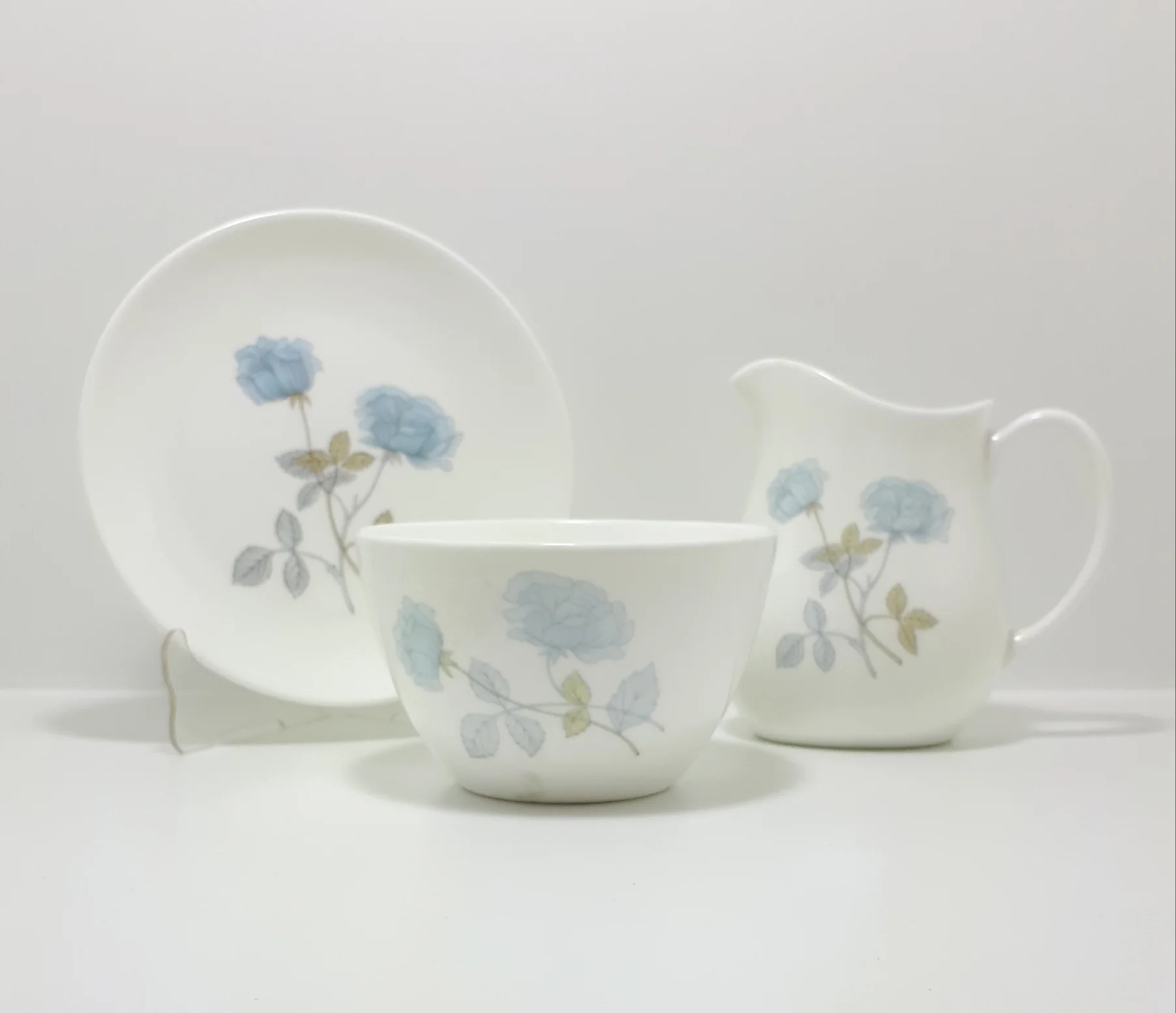 Vintage 1960-1979 Wedgwood Bone China "Ice Rose" Creamer / Milk Jug, Open Sugar Bowl & Matching Tea Plate (R4306)