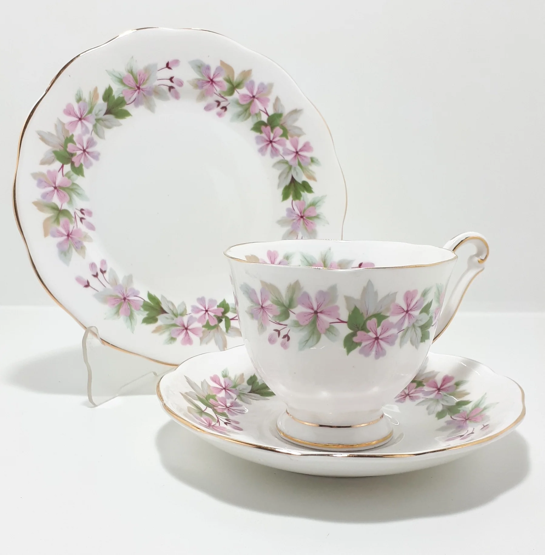 Vintage (1960’s) Queen Anne Bone China (Shore & Coggins Ltd.) Tea Trio - Cup, Saucer & Tea Plate – Genevieve Pattern