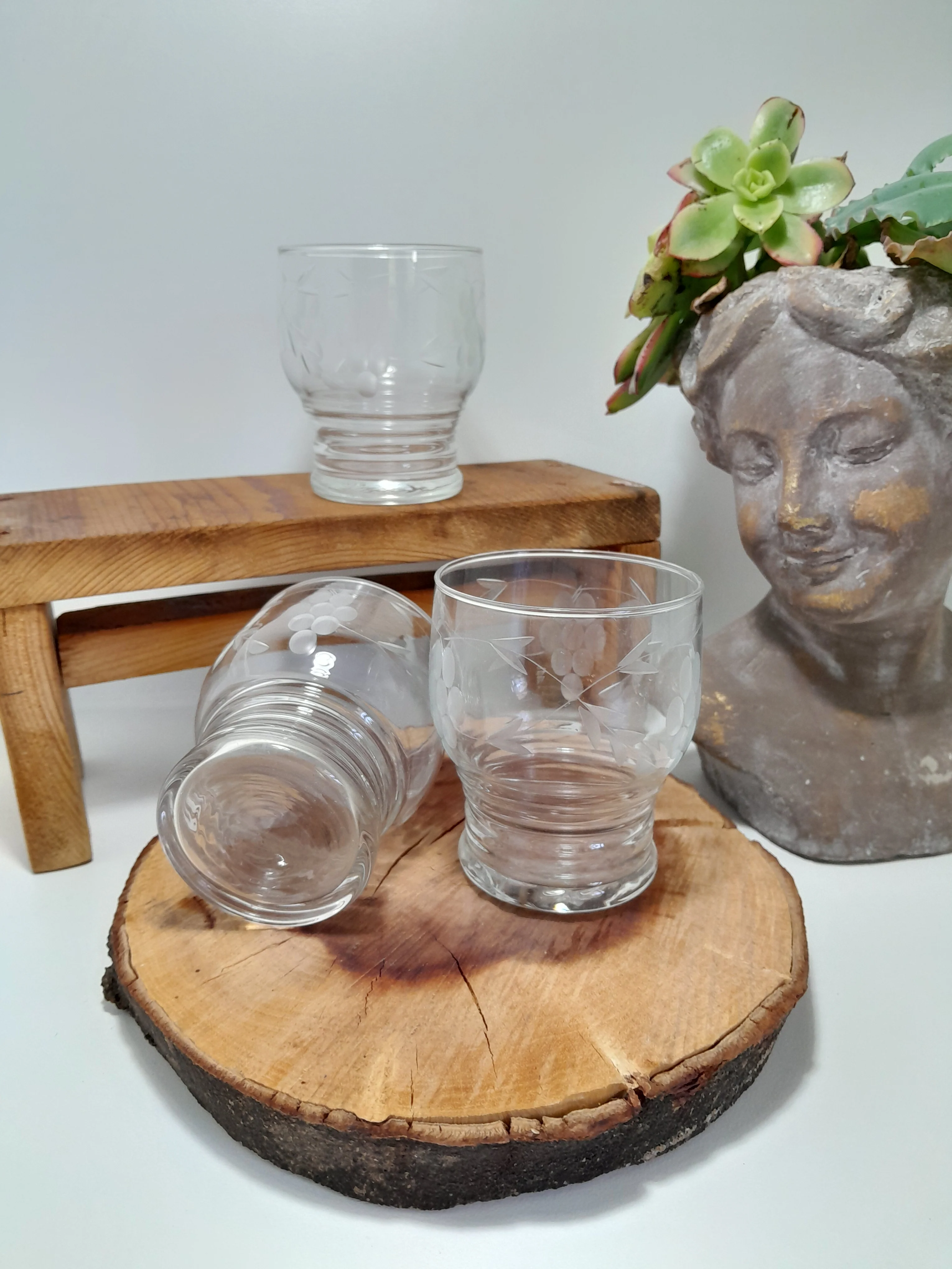 Vintage, Art- Deco or Mid-Century Modern, Set of 3 Leaves & Grapes Etched Tumblers